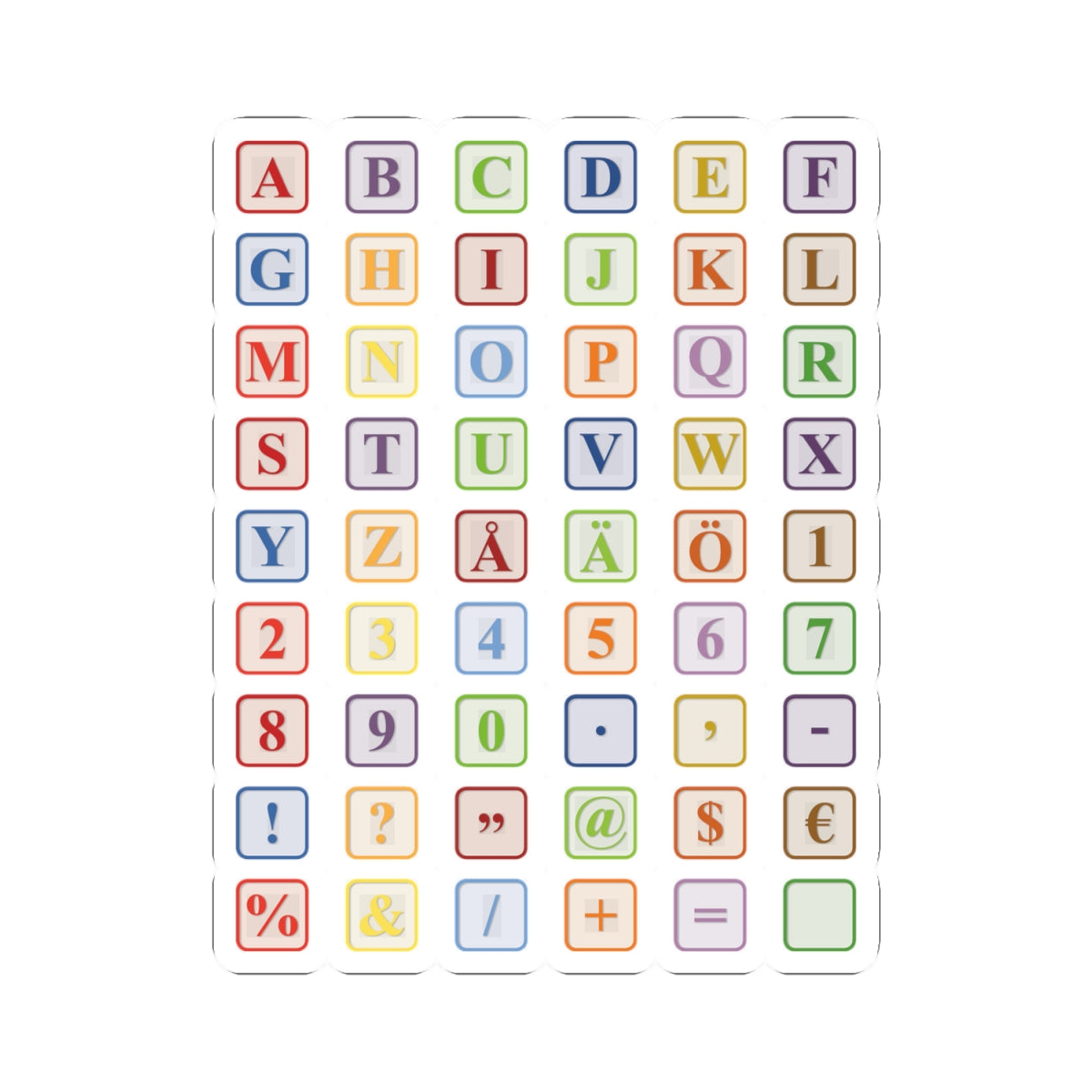 Autocollants de touches de clavier alphabet coloré découpés à la forme | Planche d'autocollants lettres, chiffres, symboles