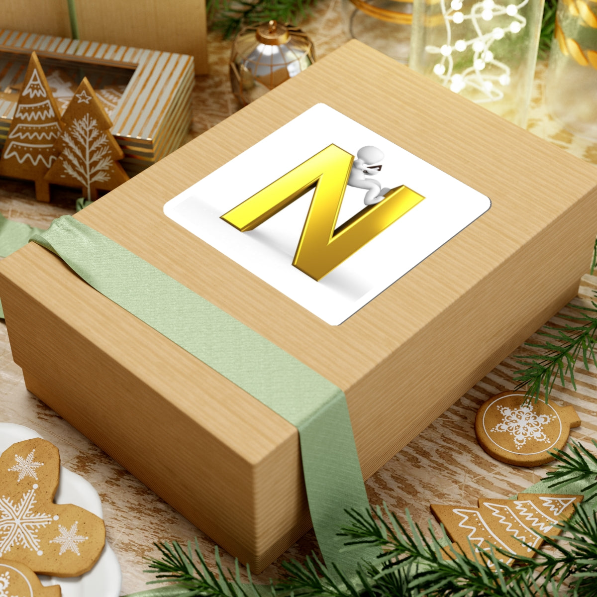 Gold 3D Letter N with Relaxing Character Sticker | Kiss-Cut Sticker
