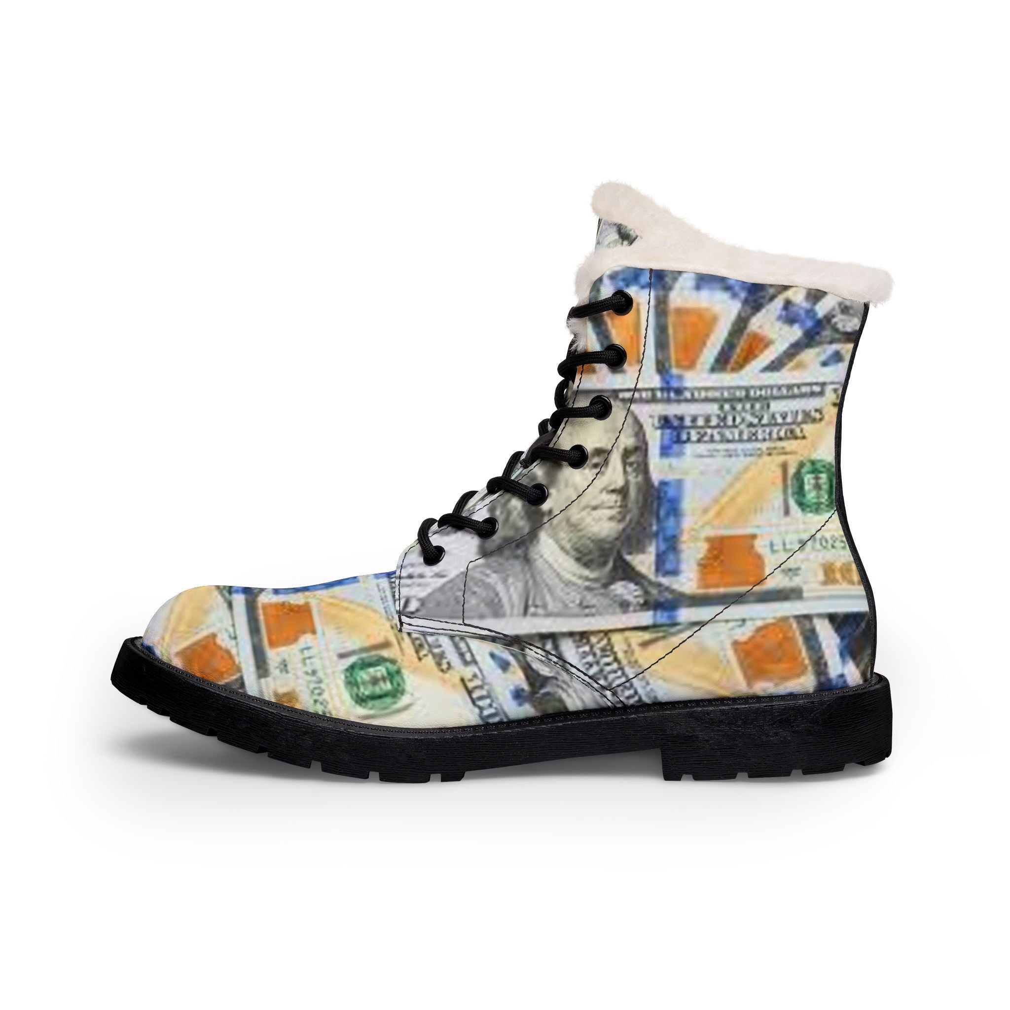 Hundred Dollar Bill Print Boots | Leather Fur-Lined Boots