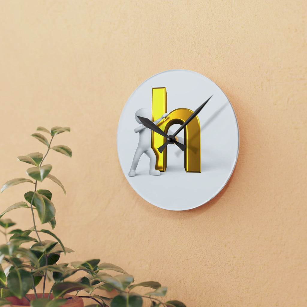 3D Person Pushing Gold Letter h Acrylic Wall Clock | Modern Lettering Decor