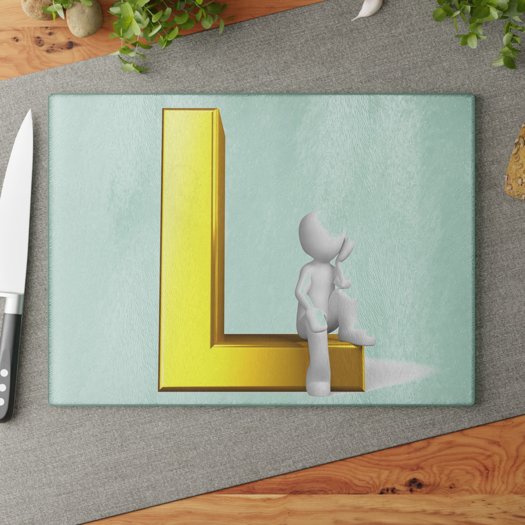 Gold Letter L with Sitting Figure Glass Cutting Board | Monogram Initial Kitchen Decor