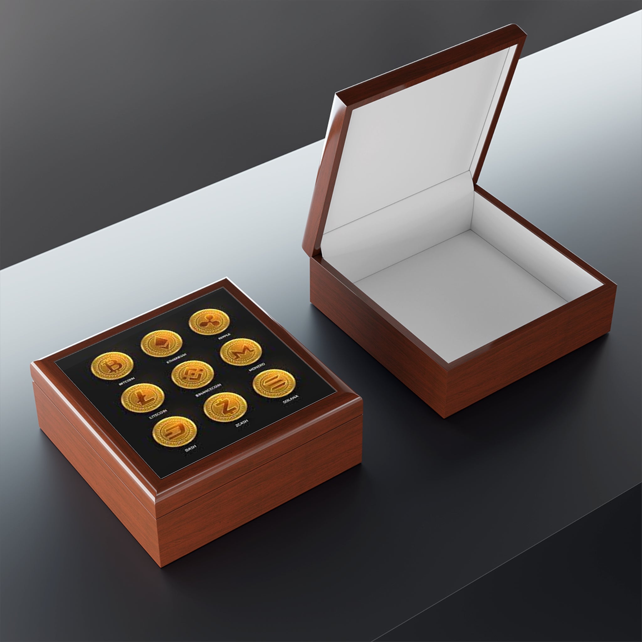 Cryptocurrency Coin Icons Jewelry Box | Bitcoin Ethereum Ripple Litecoin Display