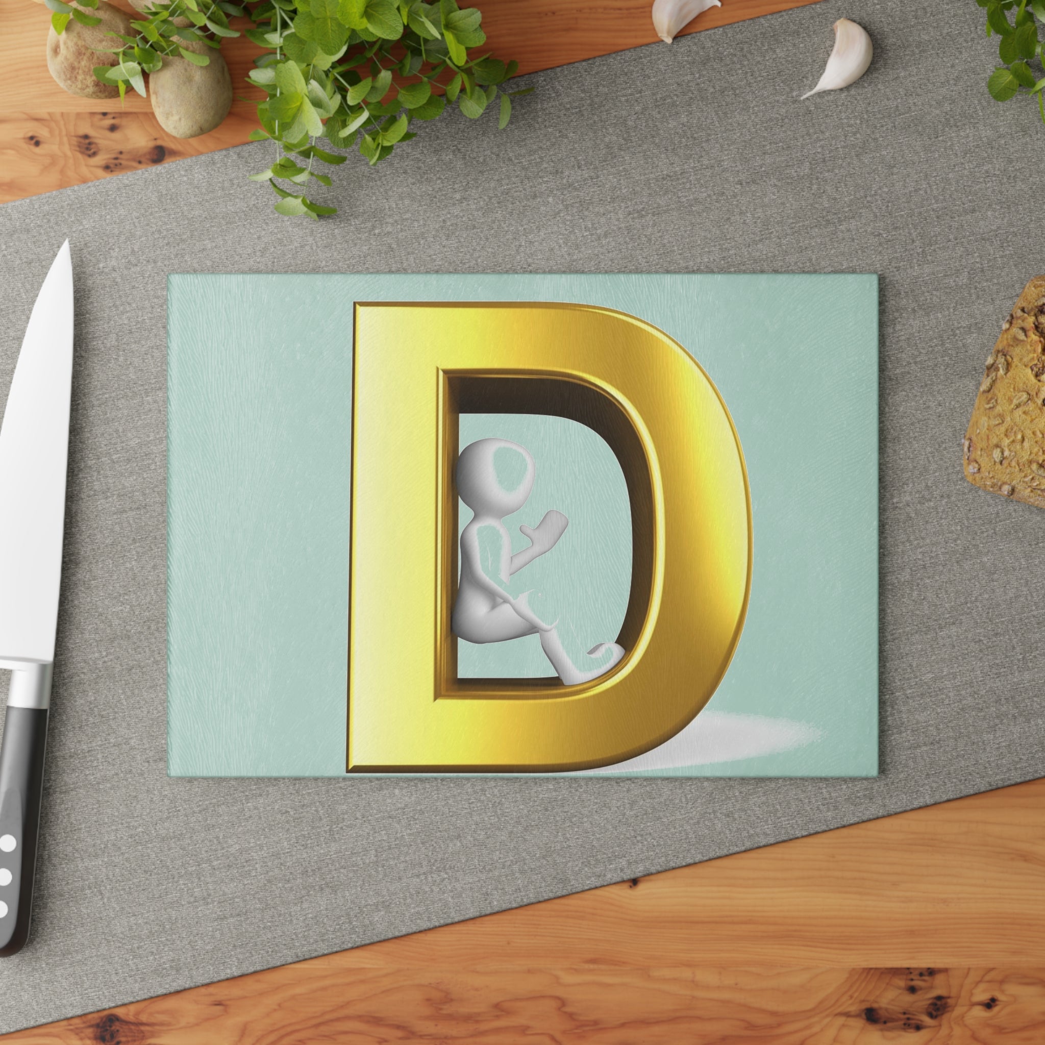Gold Letter D with Sitting Figure Glass Cutting Board | Monogram Initial Kitchen Decor