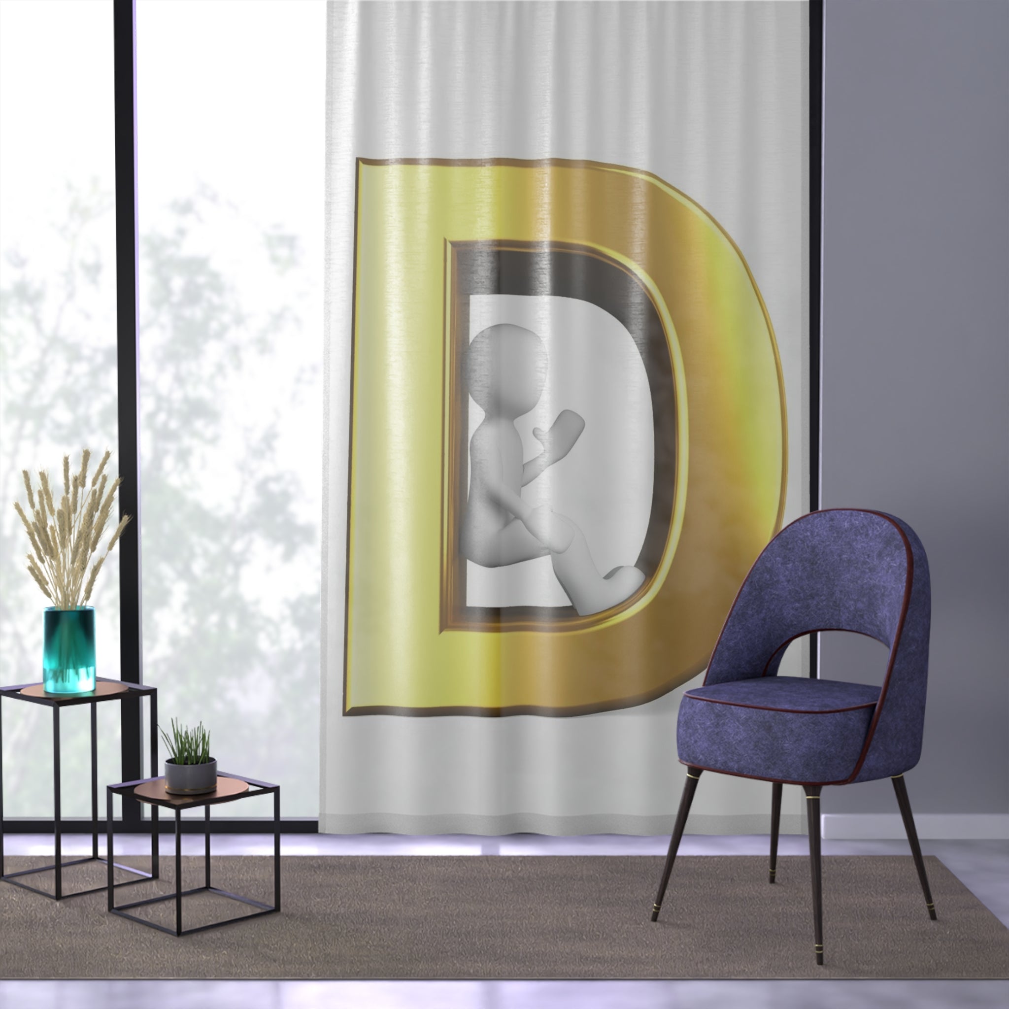Gold Letter D Monogram Window Curtain | Metallic Initial Decor