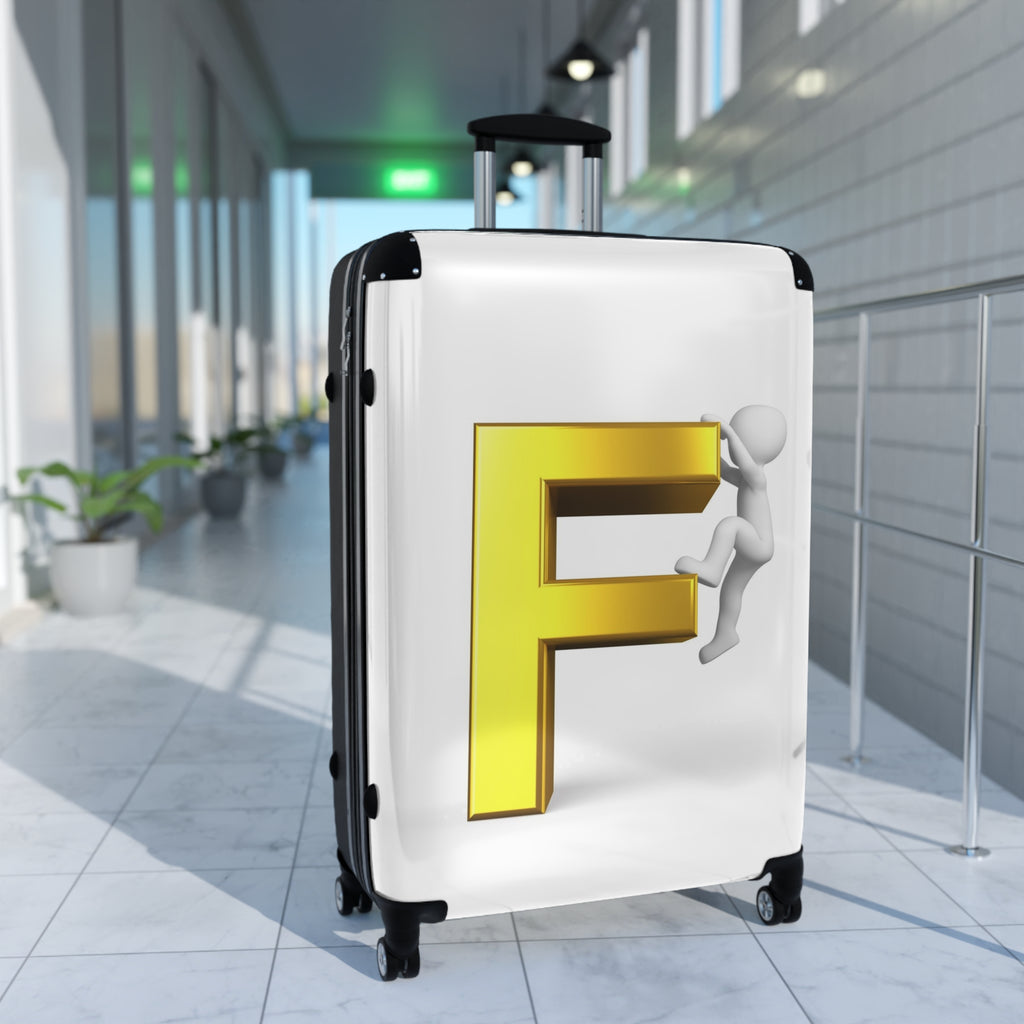 3D Yellow Letter F with Climbing Figure Suitcase | Monogram Luggage