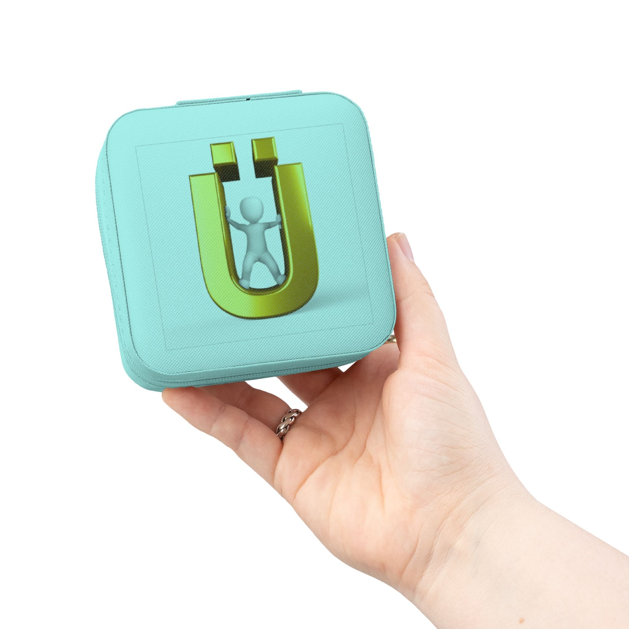 Boîte de voyage compacte et portable pour bijoux avec monogramme lettre Ü doré