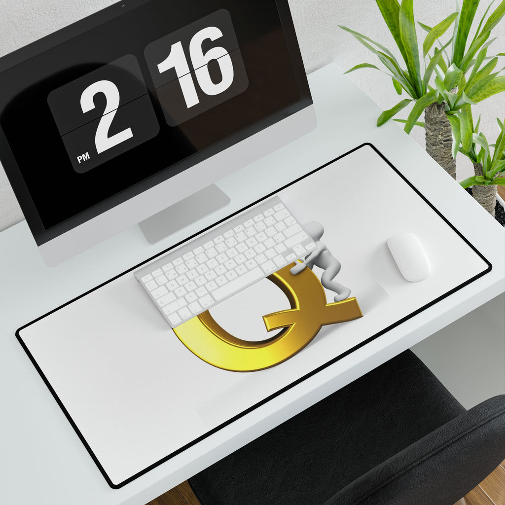 Gold Letter Q with Climbing Figure Desk Mat | Large Mousepad