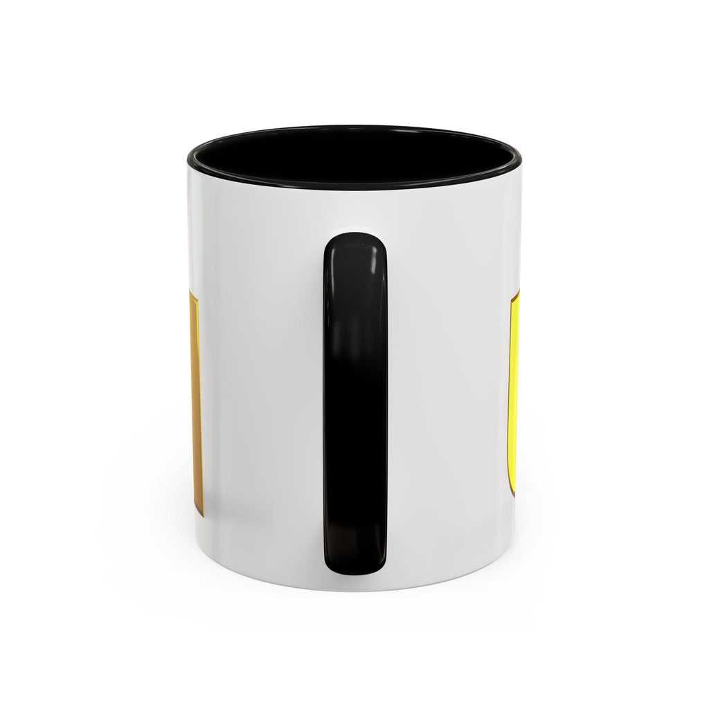 Mug de café accentué avec une personne 3D accrochée à la lettre U en or