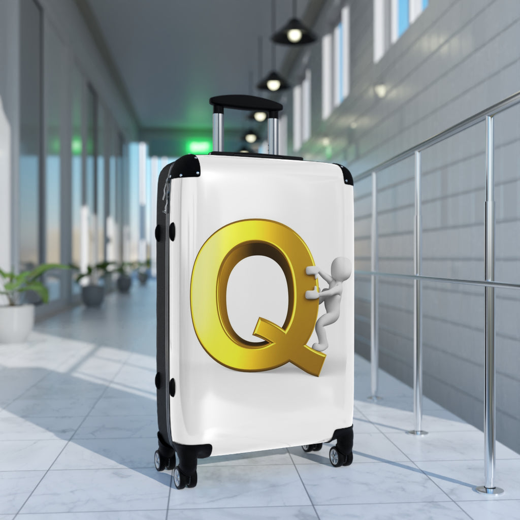 Gold Letter Q with Climbing Figure Suitcase | Monogram Initial Luggage