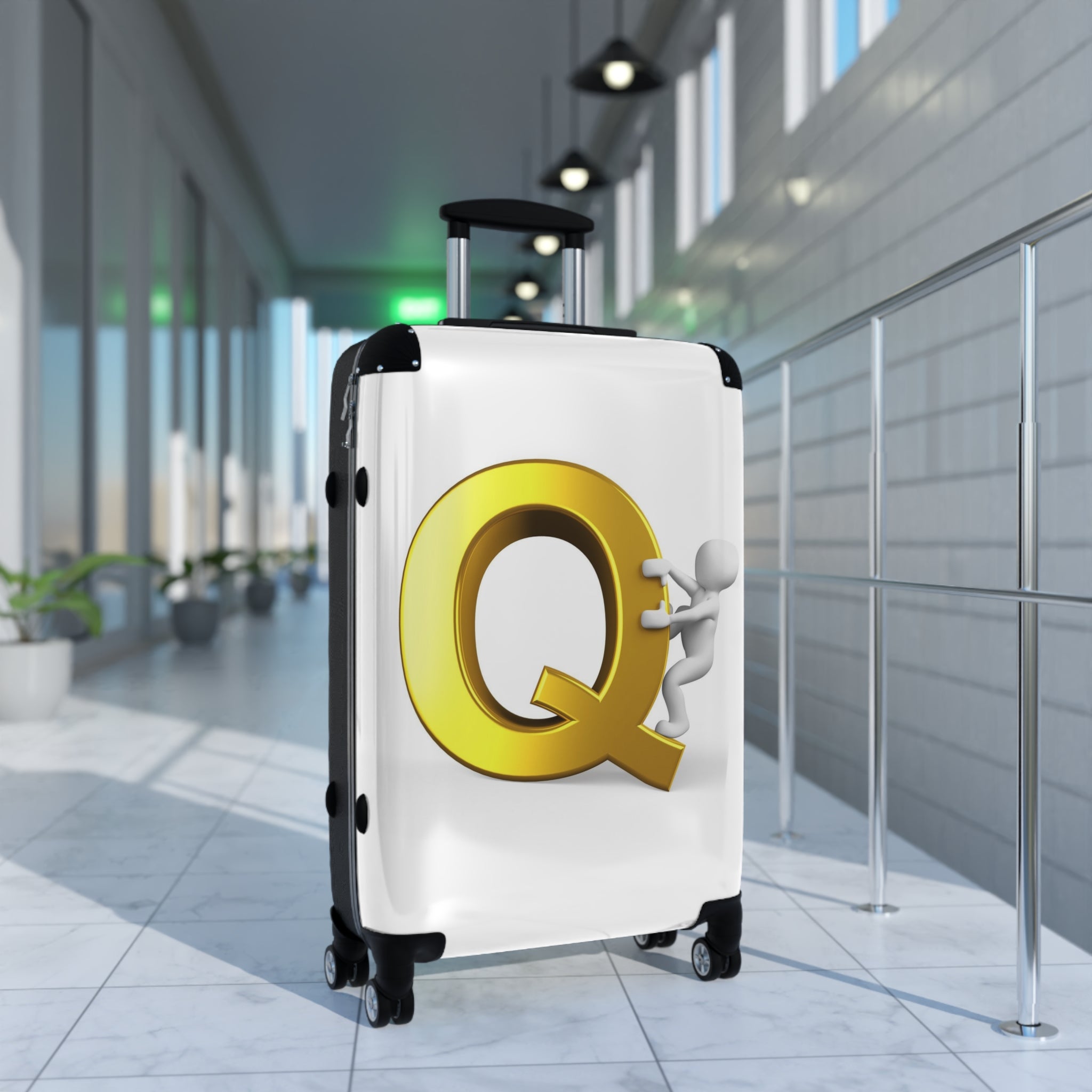 Gold Letter Q with Climbing Figure Suitcase | Monogram Initial Luggage