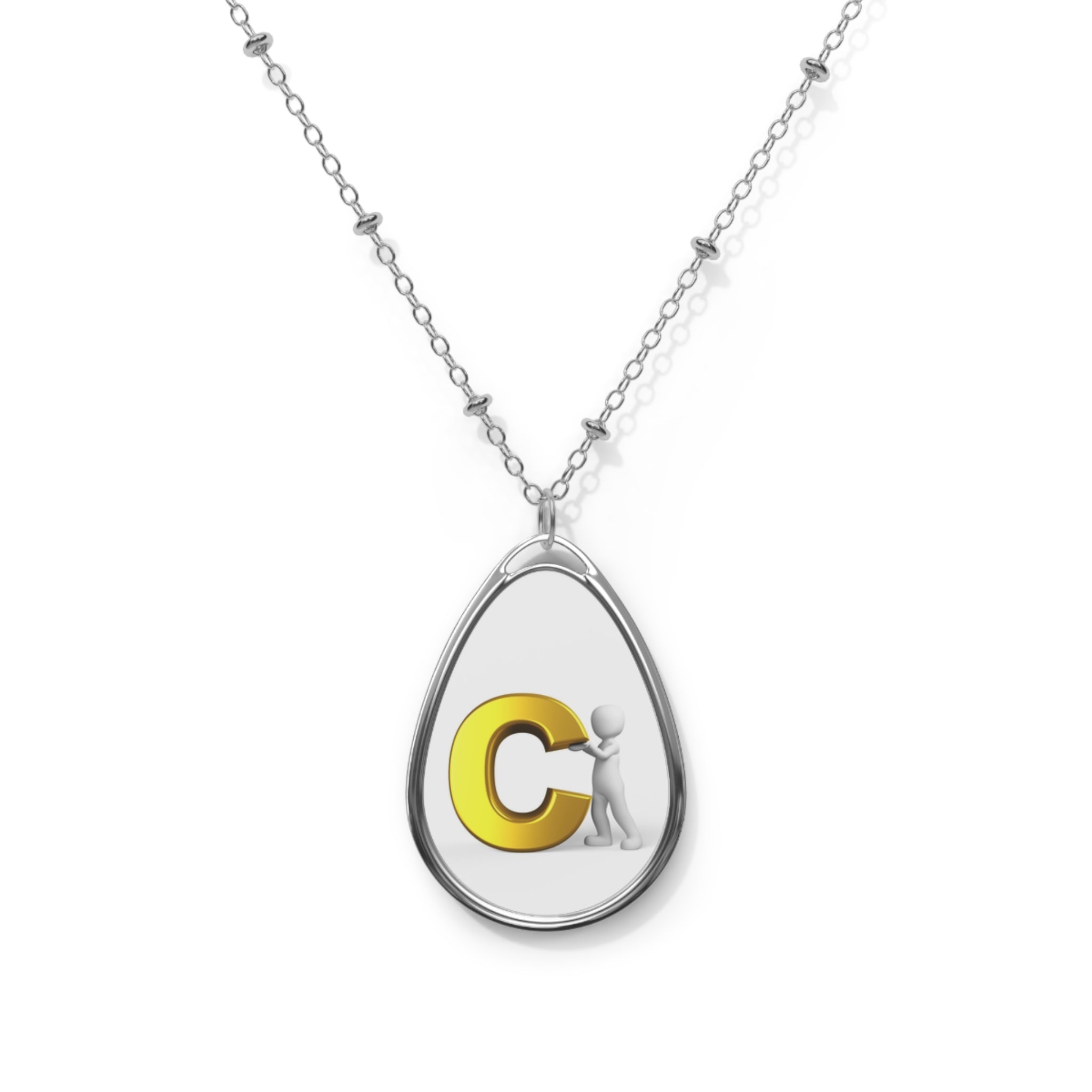 Personalized Initial Oval Necklace — Silver Teardrop Pendant with Monogram C