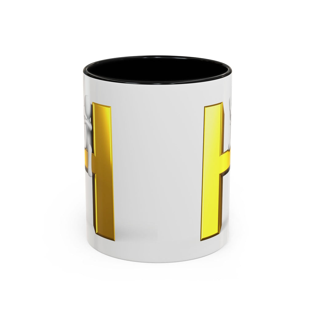 Mug en céramique avec bonhomme allumette 3D accroché à la lettre H dorée | Mug à anse de couleur