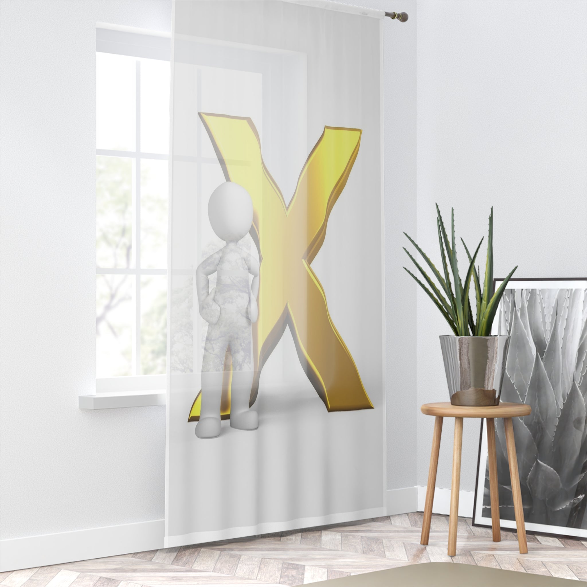 3D Stick Figure with Gold X Window Curtain | Sheer Panel