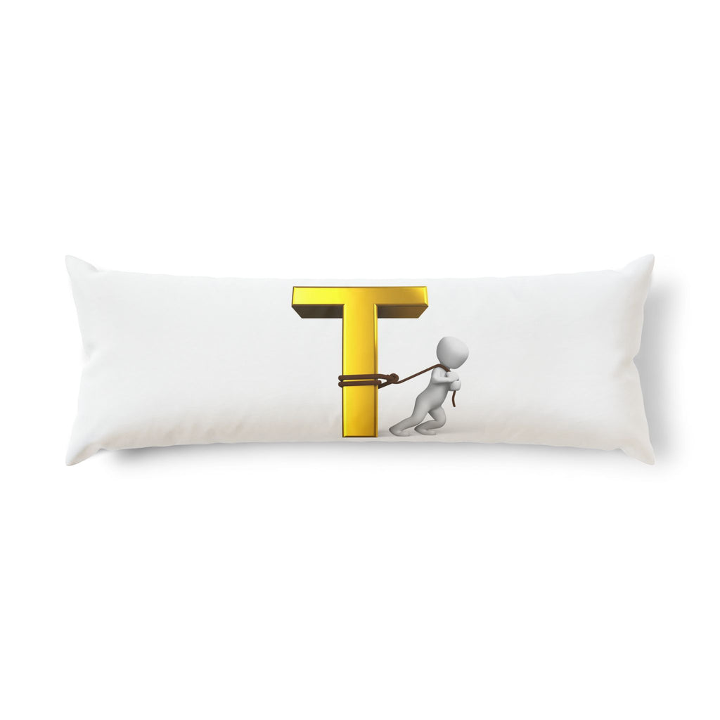 3D Stick Figure Tugging Gold Letter T Body Pillow | Alphabet Initial Décor