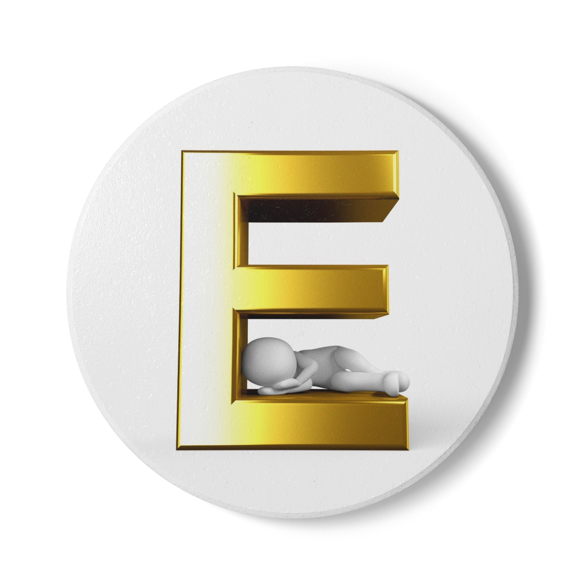 Gold Letter E with Sleeping Figure Ceramic Coaster | Monogram Initial Coaster