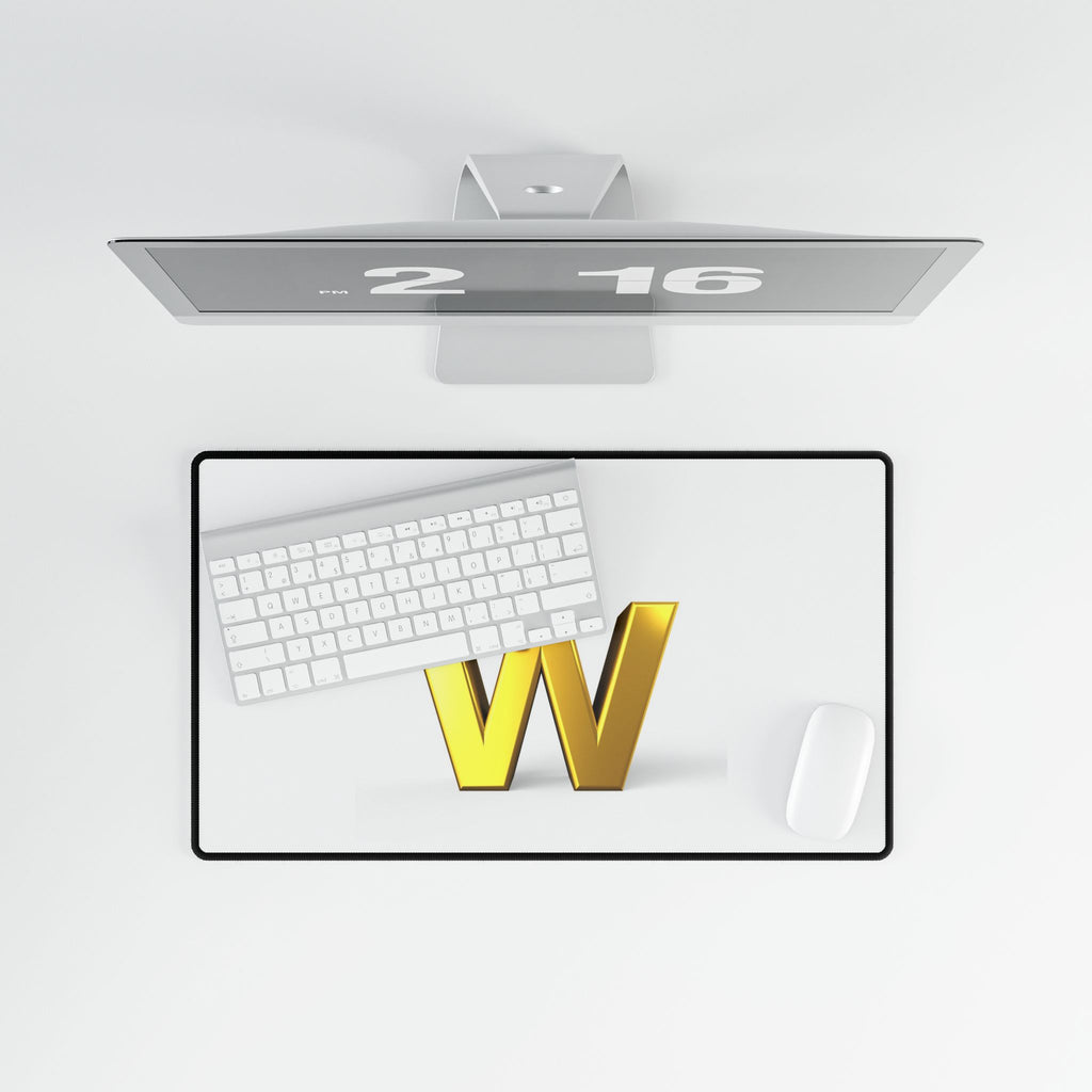 3D Gold Letter W with Stick Figure Desk Mat | Large Gaming Mousepad
