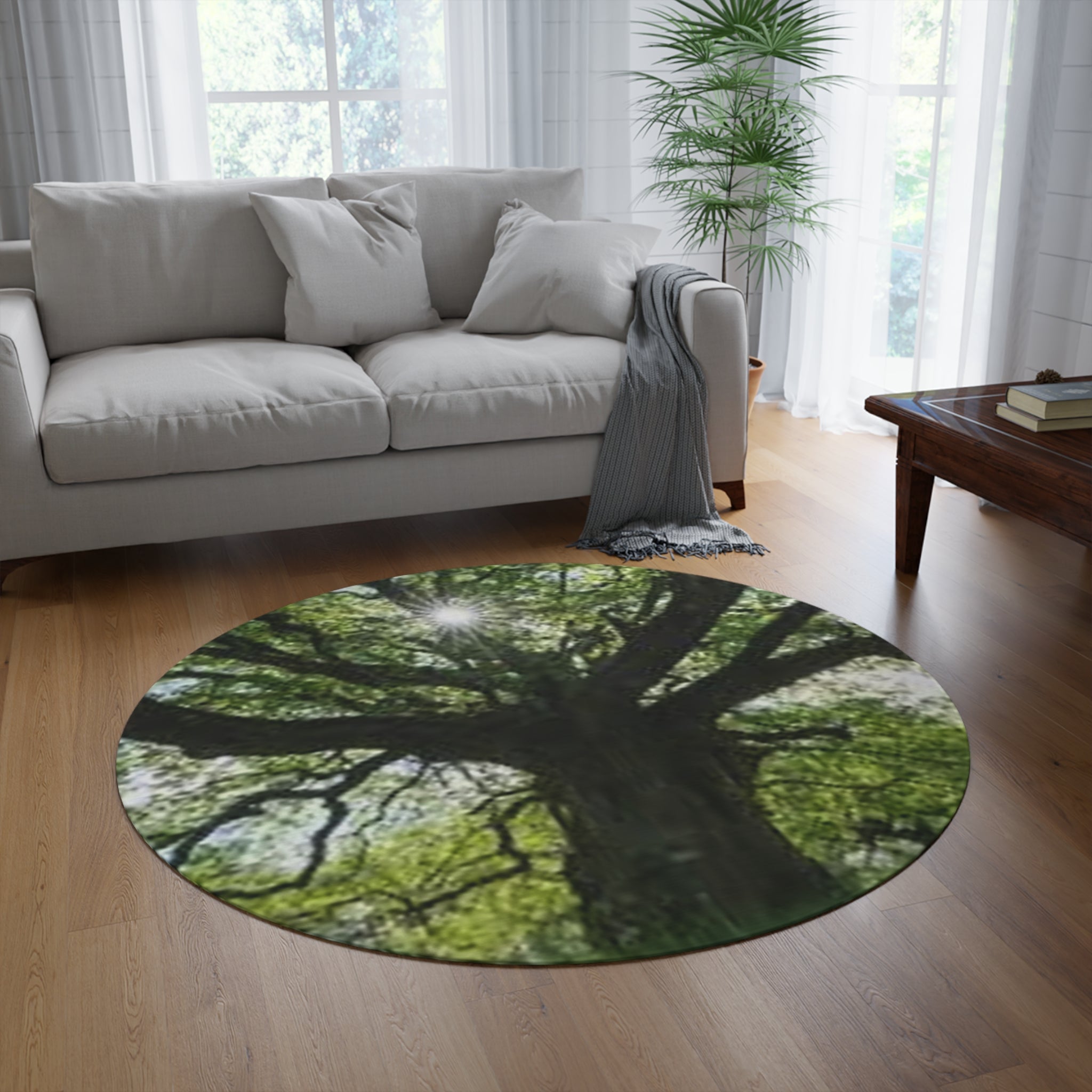 Sunlit Oak Tree Round Rug | Nature Tree Canopy Floor Mat