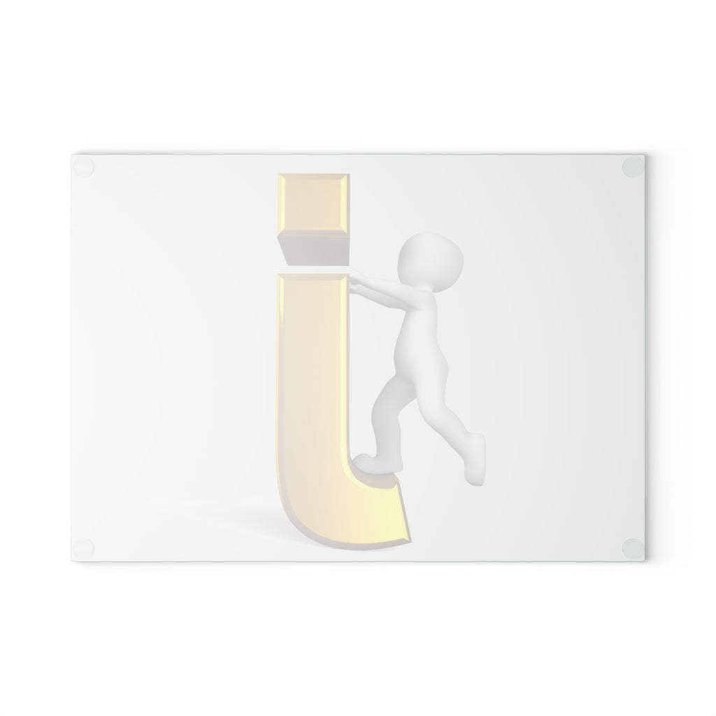 3D Stick Figure Pushing Gold Letter J Glass Cutting Board | Decorative Kitchen Countertop