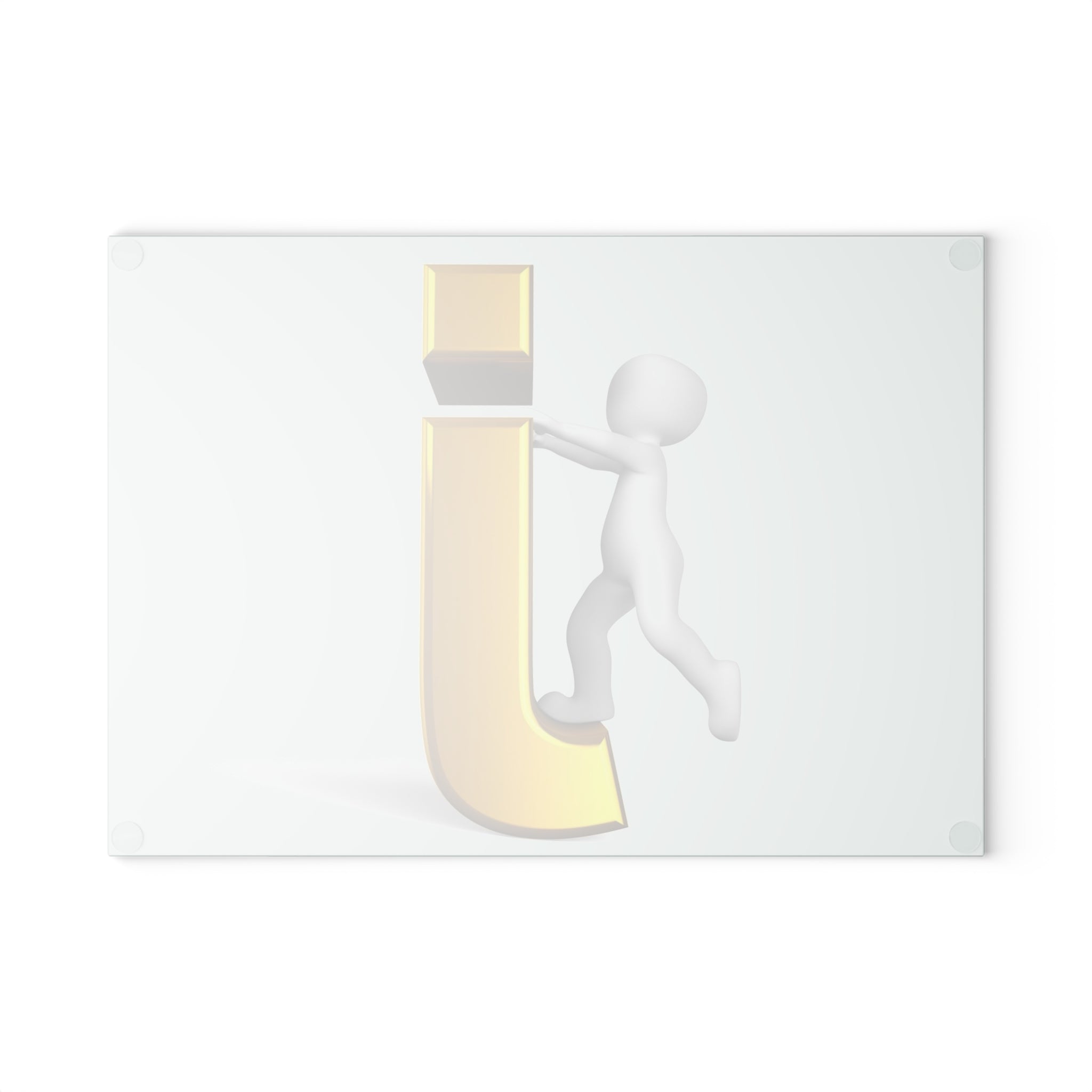 3D Stick Figure Pushing Gold Letter J Glass Cutting Board | Decorative Kitchen Countertop