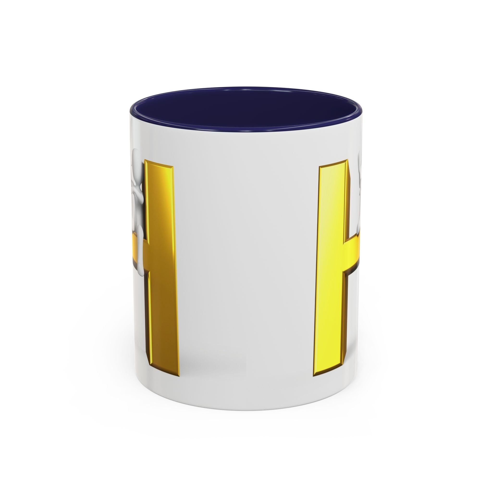 Mug en céramique avec bonhomme allumette 3D accroché à la lettre H dorée | Mug à anse de couleur