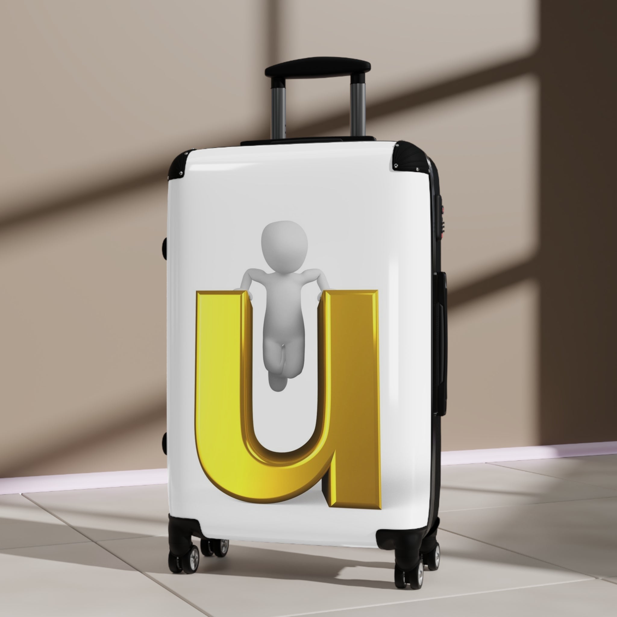 3D Gold Letter U with Figure Suitcase | Personalized Luggage Decal