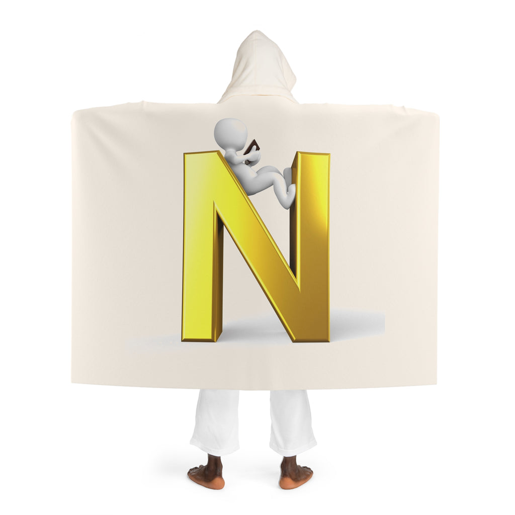 Hooded Sherpa Fleece Blanket | Gold Letter N With Figure