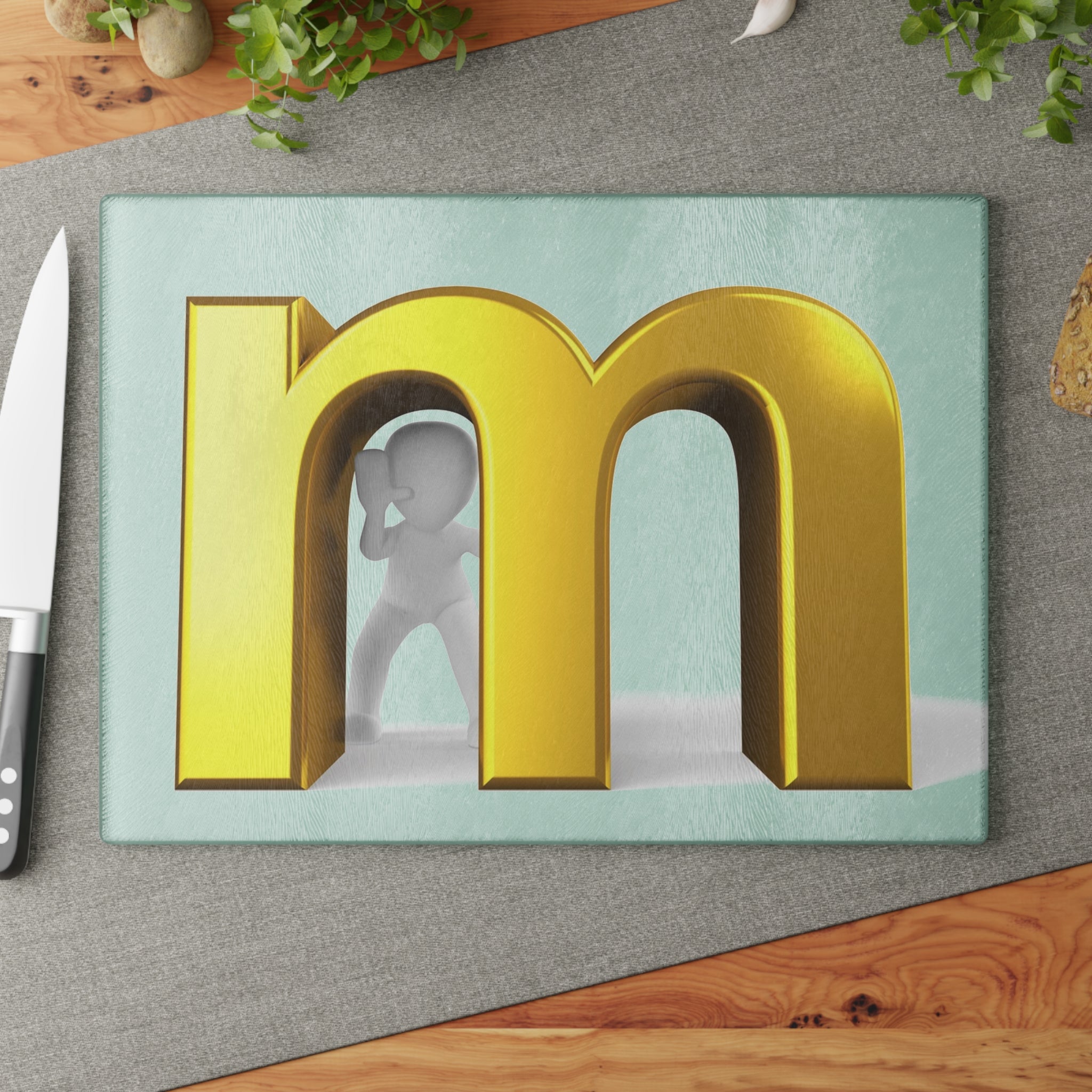 Gold Letter M with 3D Figure Glass Cutting Board | Monogram Kitchen Decor