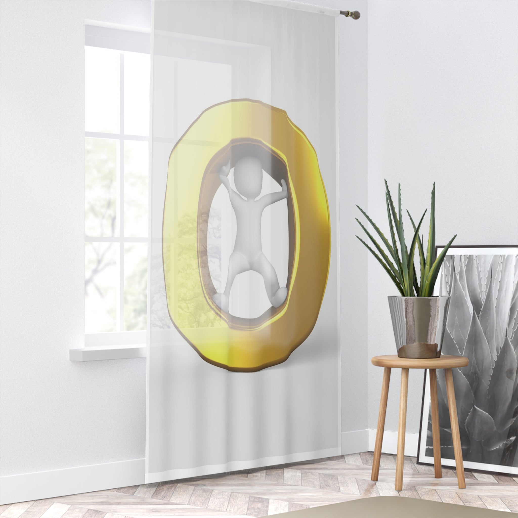 3D Figure Inside Gold Letter O Window Curtain | Modern Abstract Sheer Panel