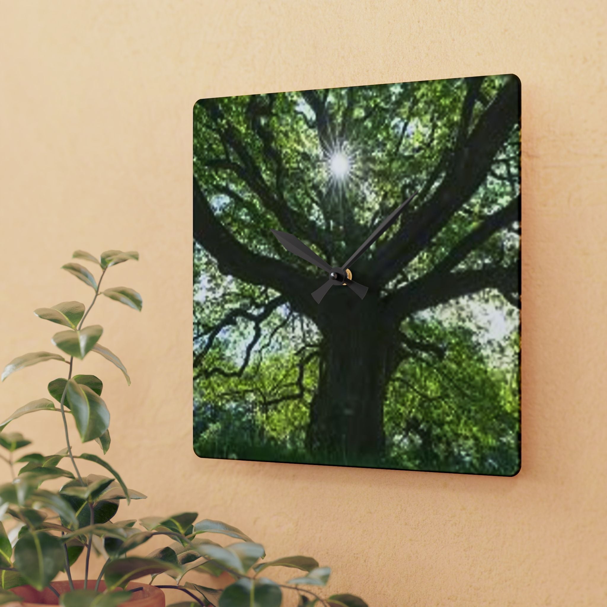 Sunlit Oak Tree Acrylic Wall Clock | Nature Forest Decor