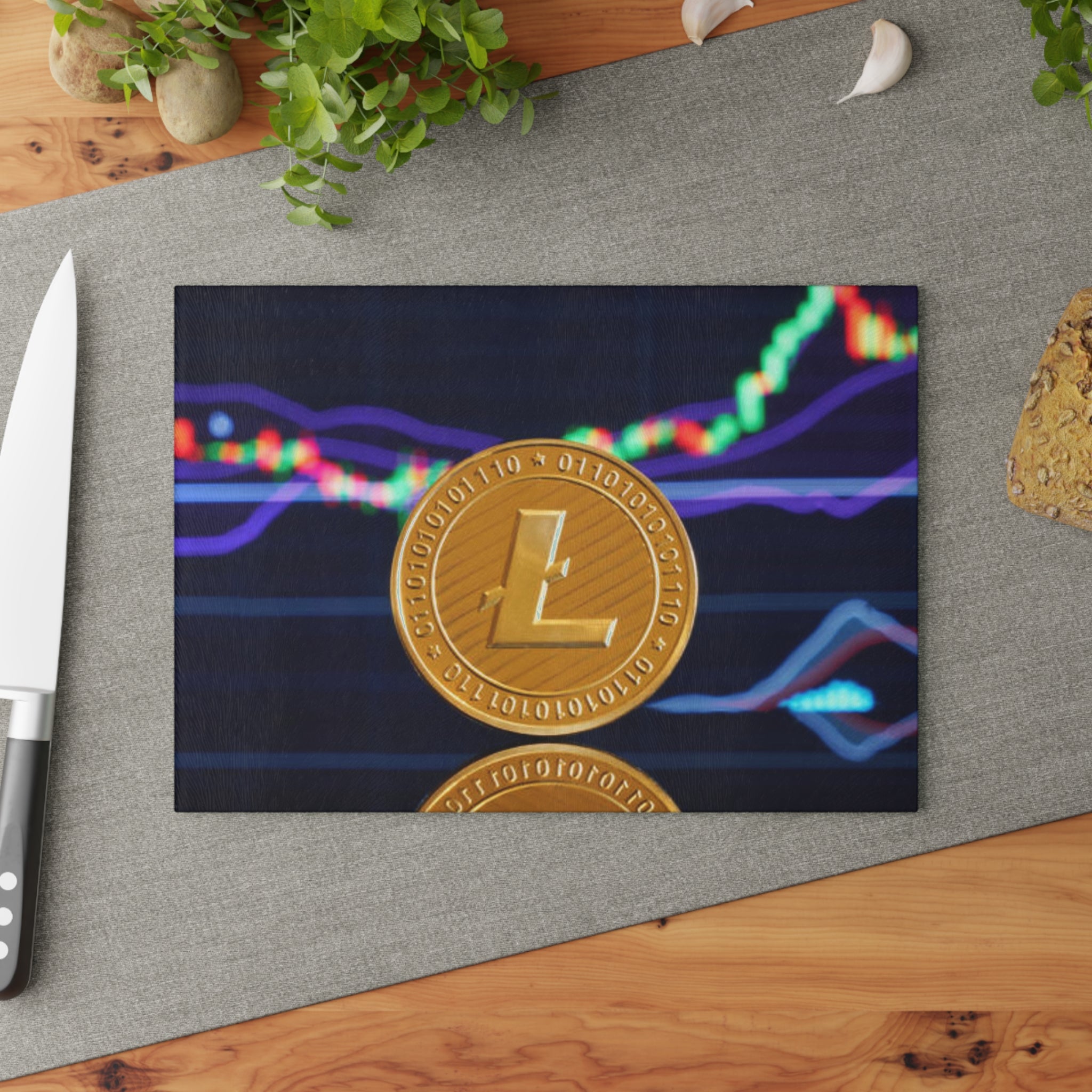 Litecoin Coin with Crypto Market Chart Glass Cutting Board | Cryptocurrency Kitchen Decor