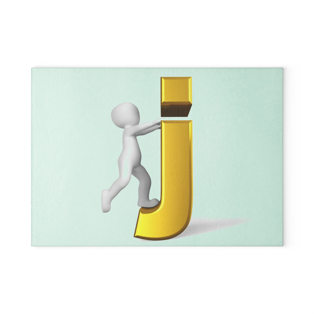 3D Stick Figure Pushing Gold Letter J Glass Cutting Board | Decorative Kitchen Countertop