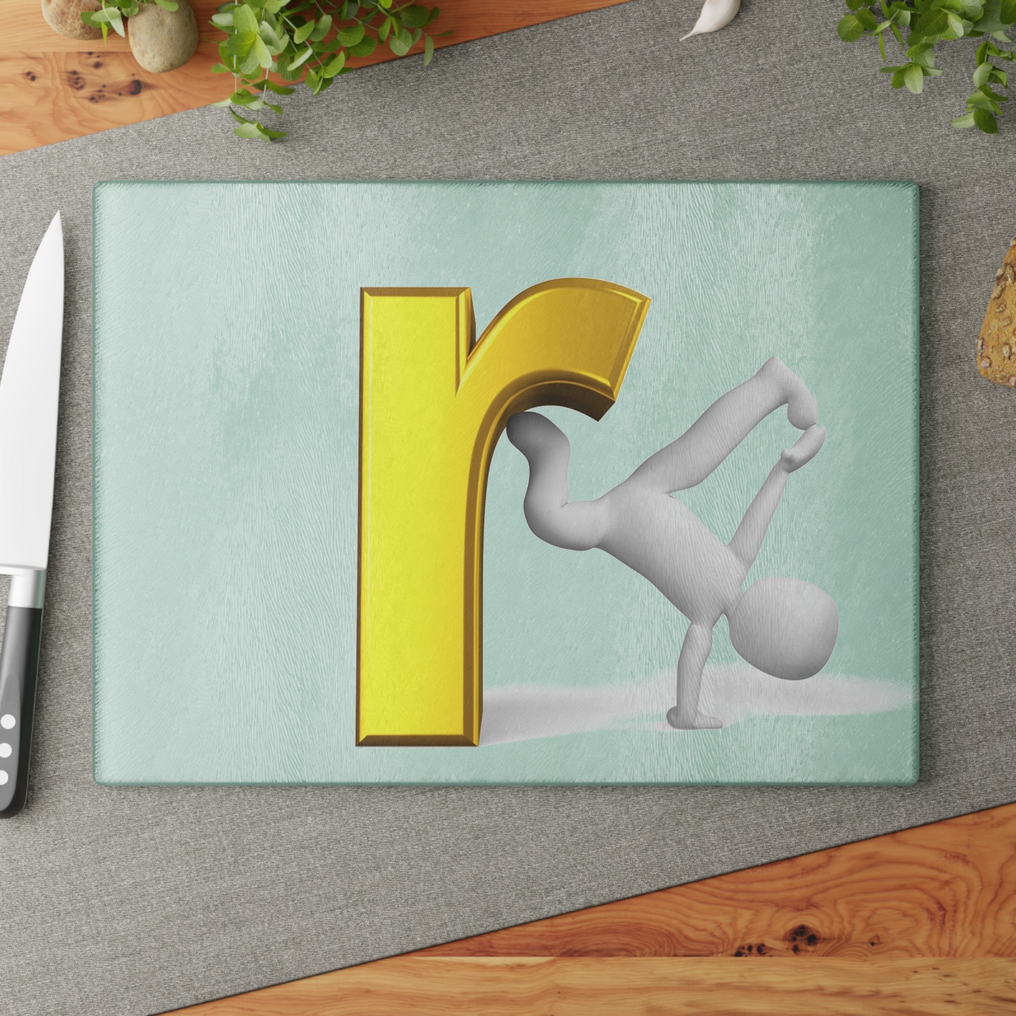 3D Letter r Breakdance Graphic Glass Cutting Board | Alphabet Kitchen Decor