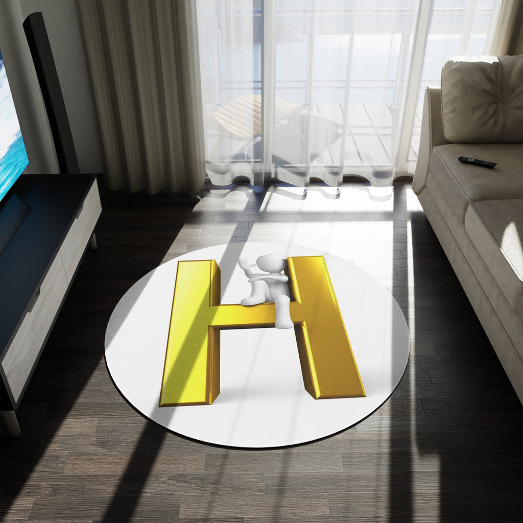 Gold Letter H with Climbing Figure Round Rug | Monogram Initial H Floor Mat