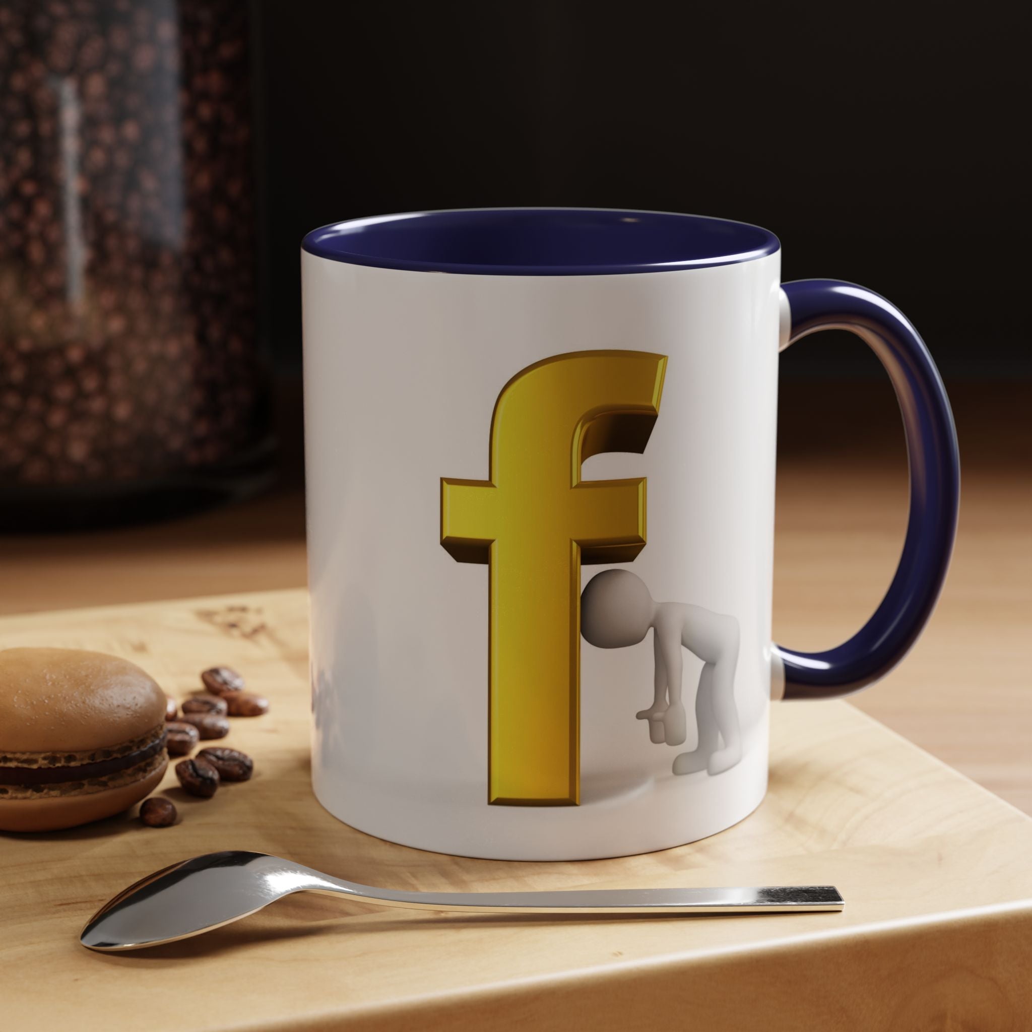 3D Tiny Figure Leaning on Gold Letter F Mug | Accent Coffee Mug