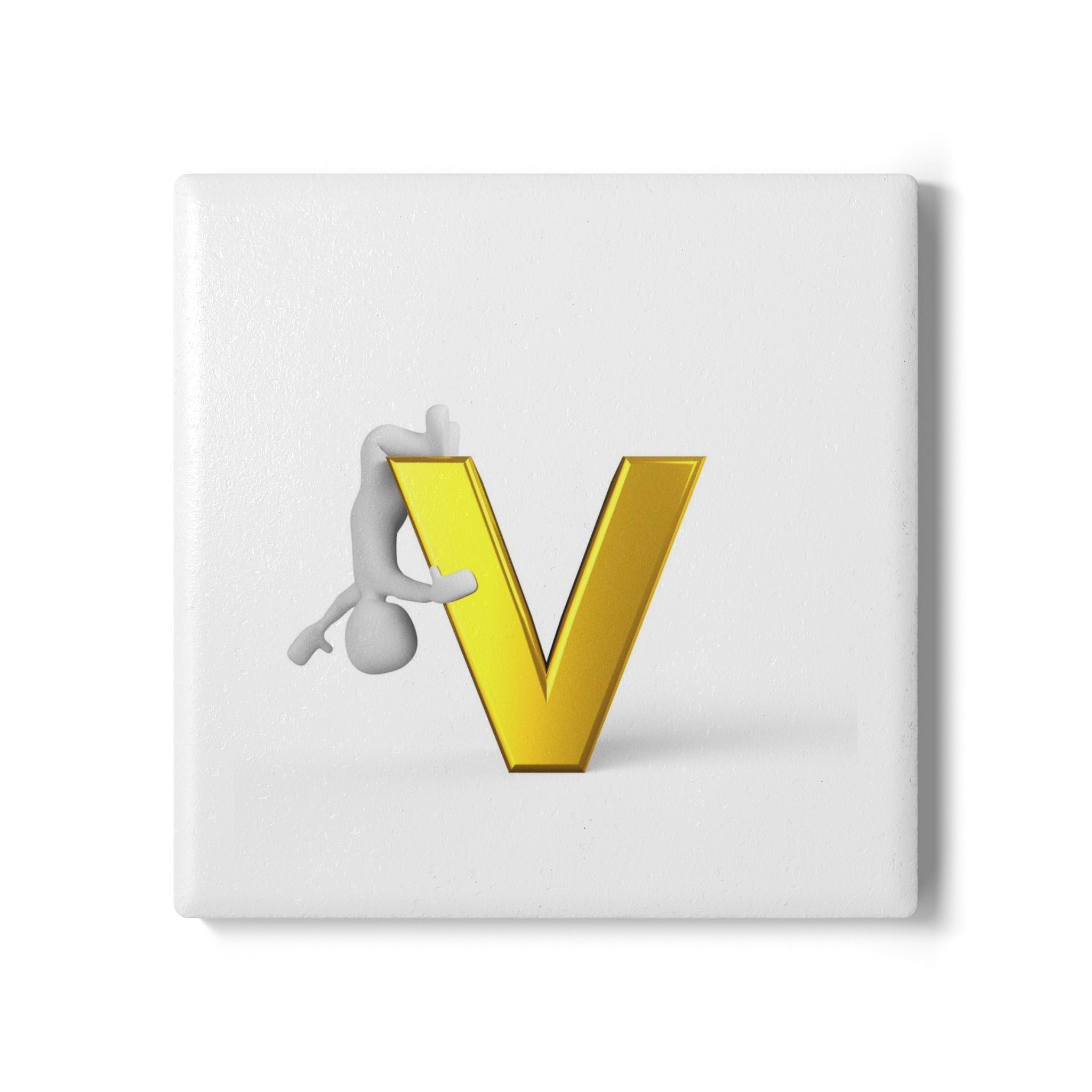 Golden Letter V with Climbing Figure Ceramic Coaster | Monogram Initial Coaster