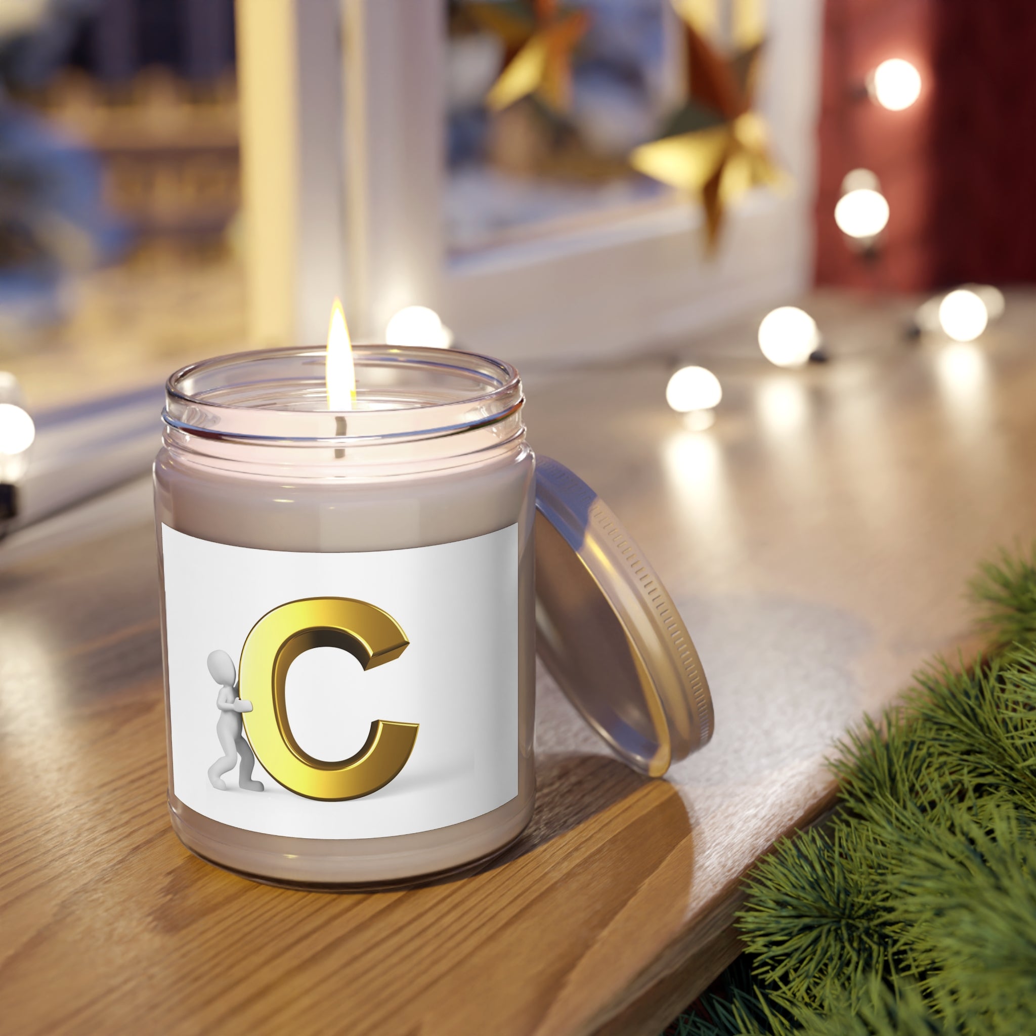 Bougie personnalisée initiale C en or, pot en verre de 255 g, couvercle blanc