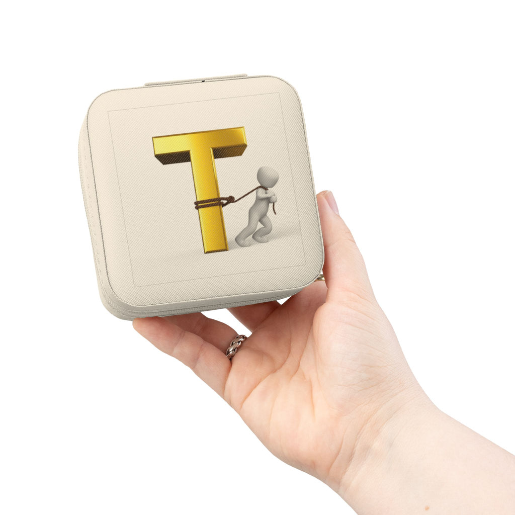 Gold Letter T Monogram Jewelry Travel Case | Compact Square Trinket Box