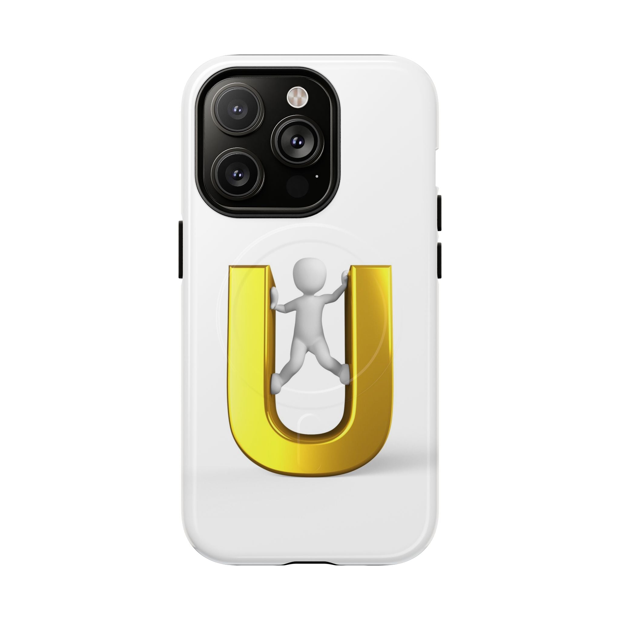 Coque de téléphone en 3D Dorée Lettre U avec Bonhomme Allumette | Coque Magnétique Robuste
