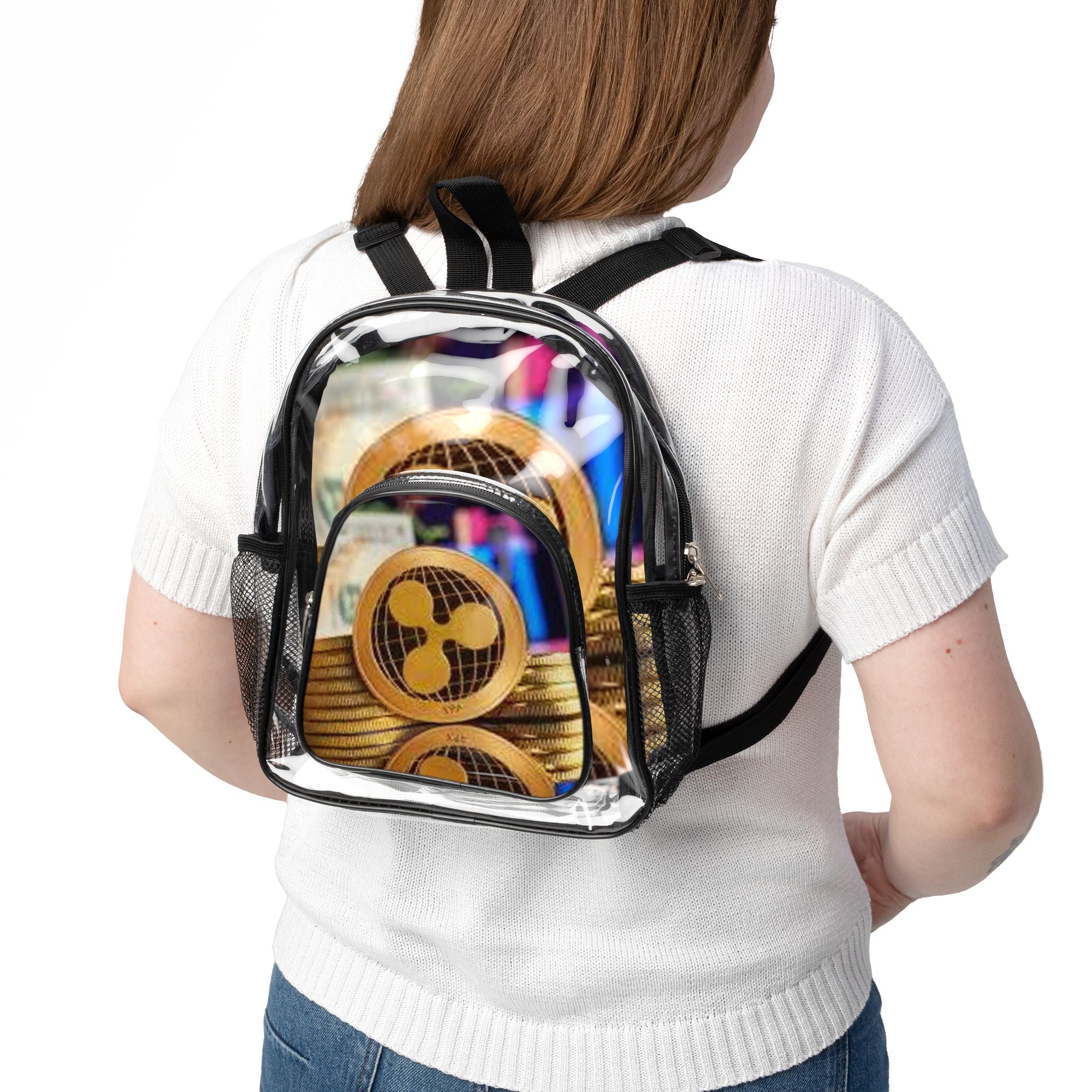 Clear Stadium Backpack | Transparent Clear Vinyl Backpack with XRP Coin Purse Graphic