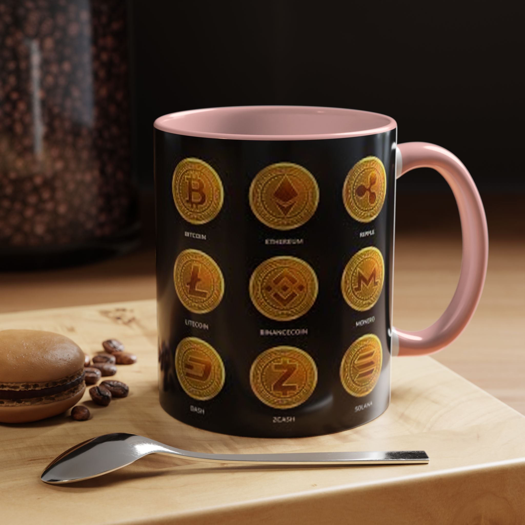 Cryptocurrency Coin Icons Accent Mug | Bitcoin Ethereum Litecoin Doge Coffee Mug