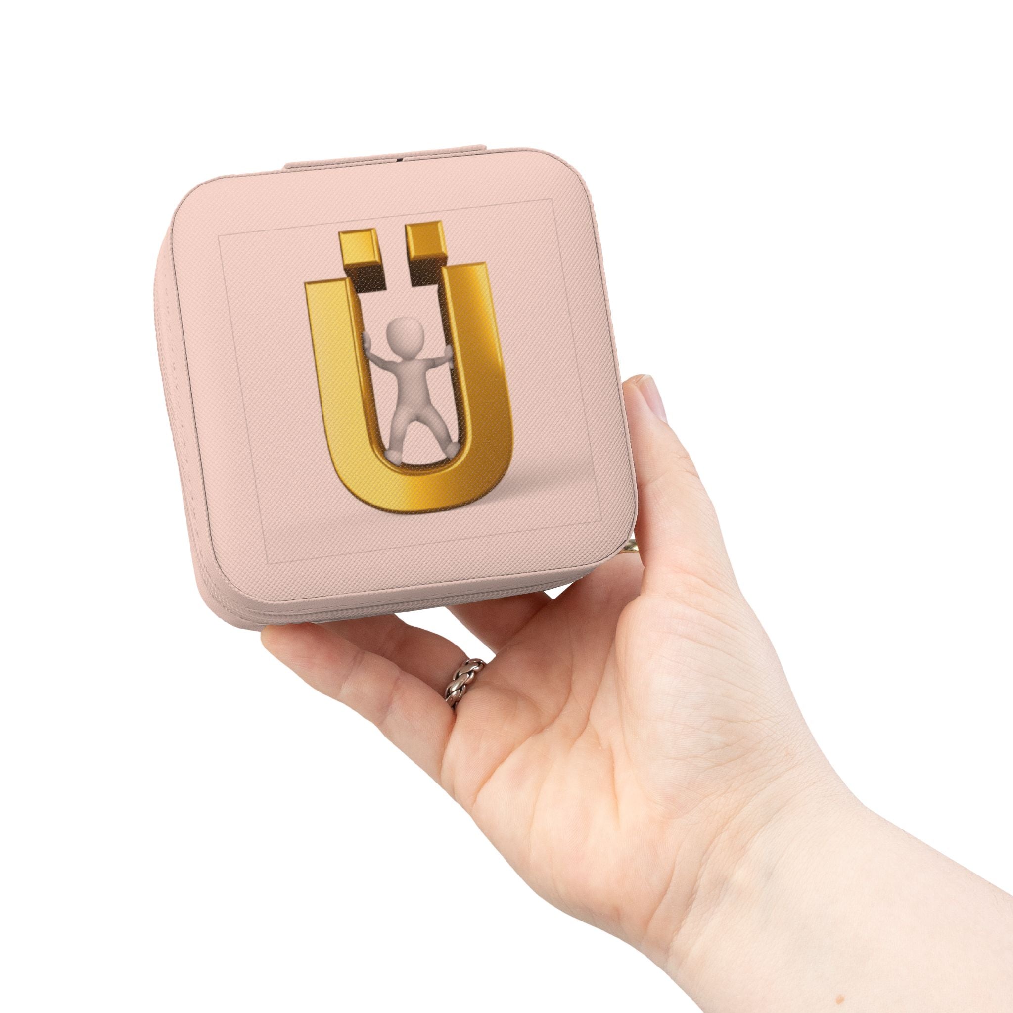 Boîte de voyage compacte et portable pour bijoux avec monogramme lettre Ü doré
