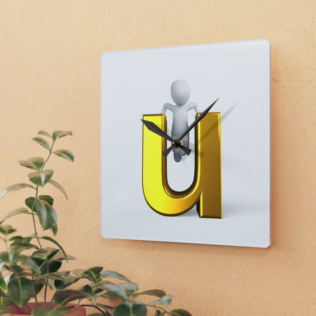 3D Gold Letter U with Figure Acrylic Wall Clock | Modern Alphabet Home Decor