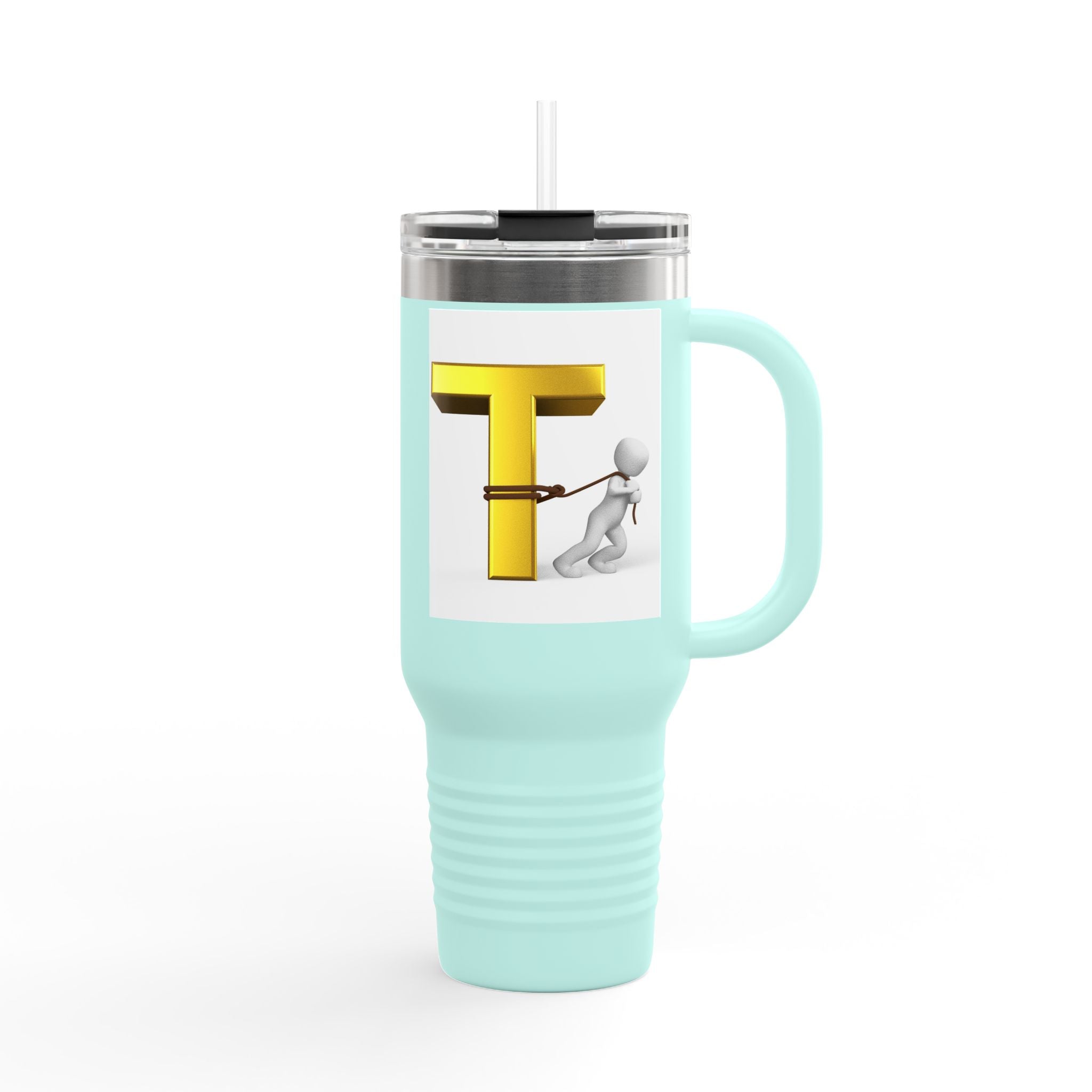3D Stick Figure Pulling Gold Letter T Travel Mug | 40oz Insulated Tumbler
