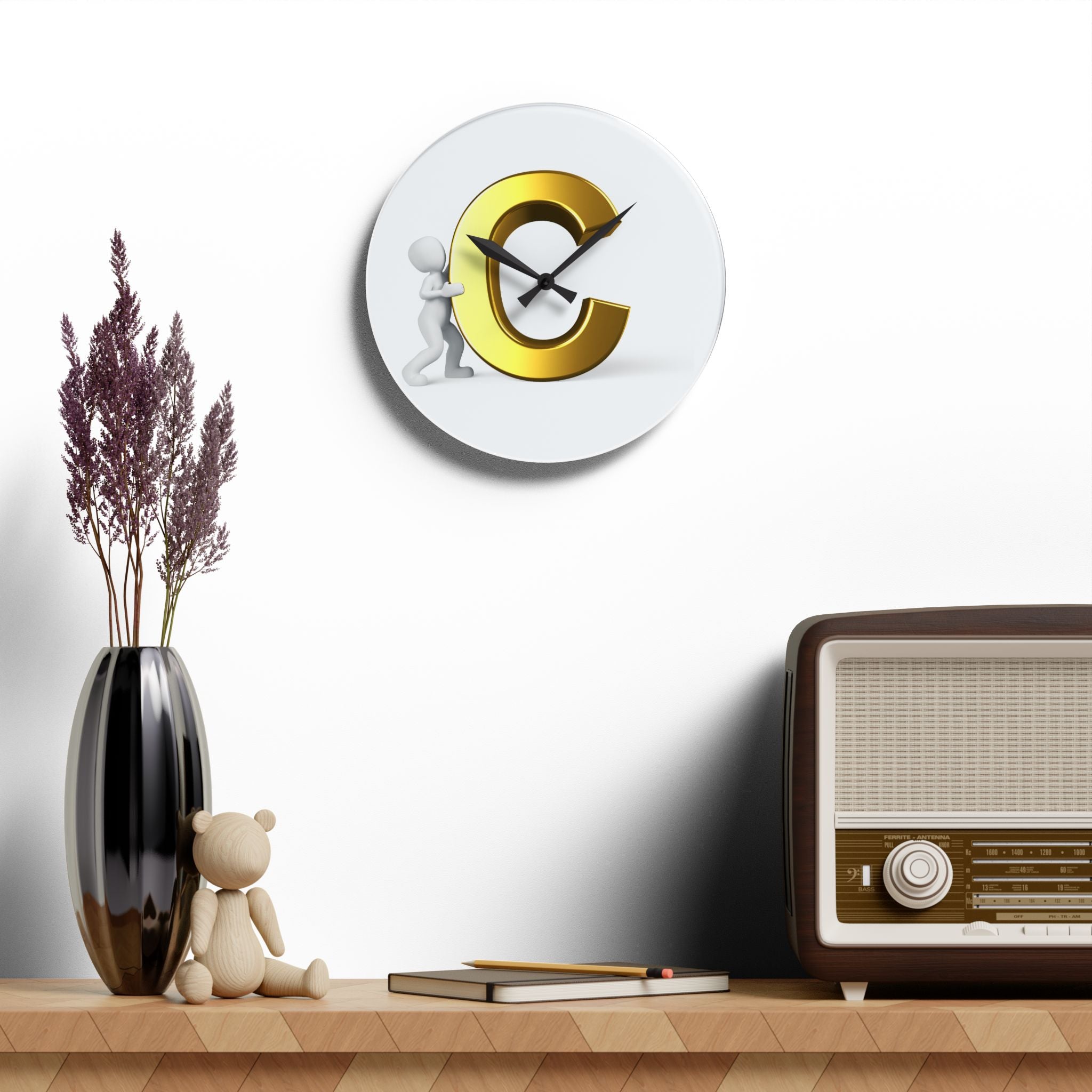 Gold Letter C with Figure Acrylic Wall Clock | Monogram Initial Decor