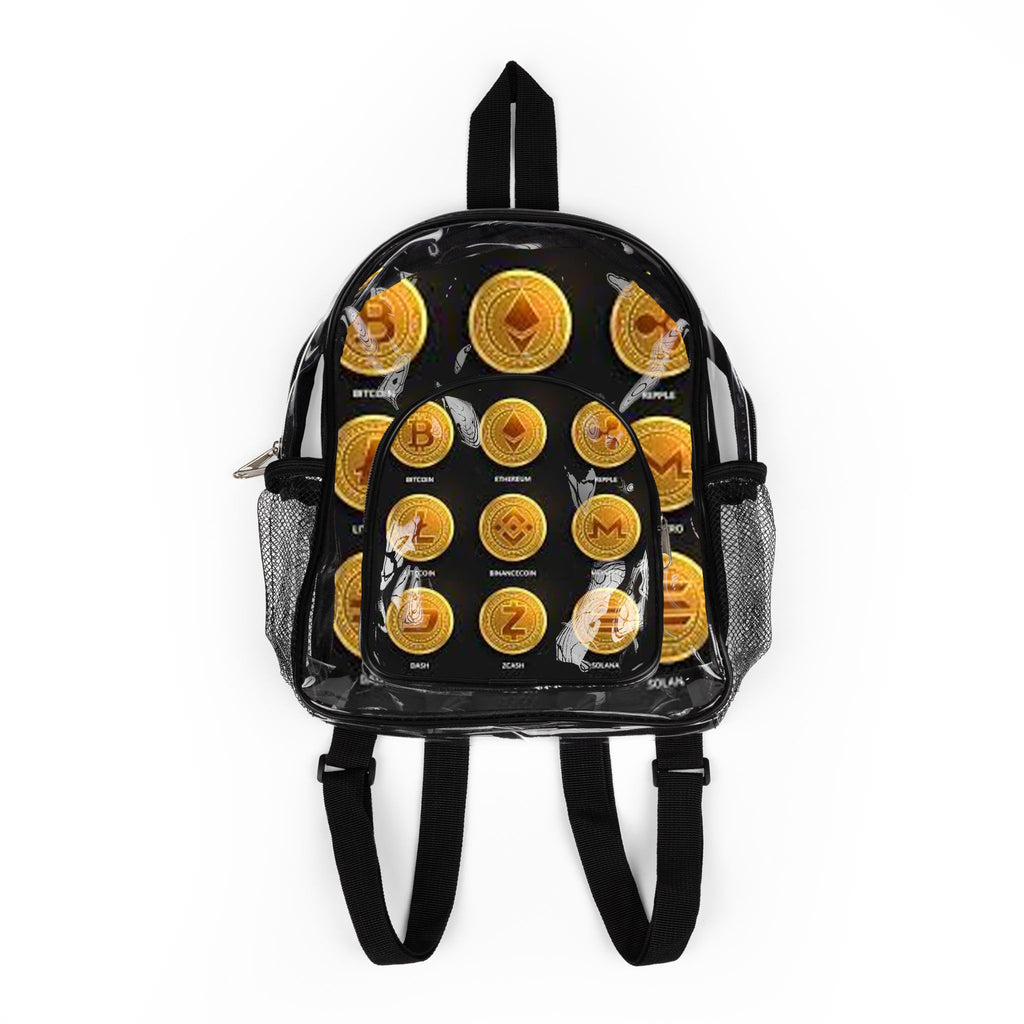 Cryptocurrency Coin Pattern Clear Stadium Backpack | Transparent Coin Design
