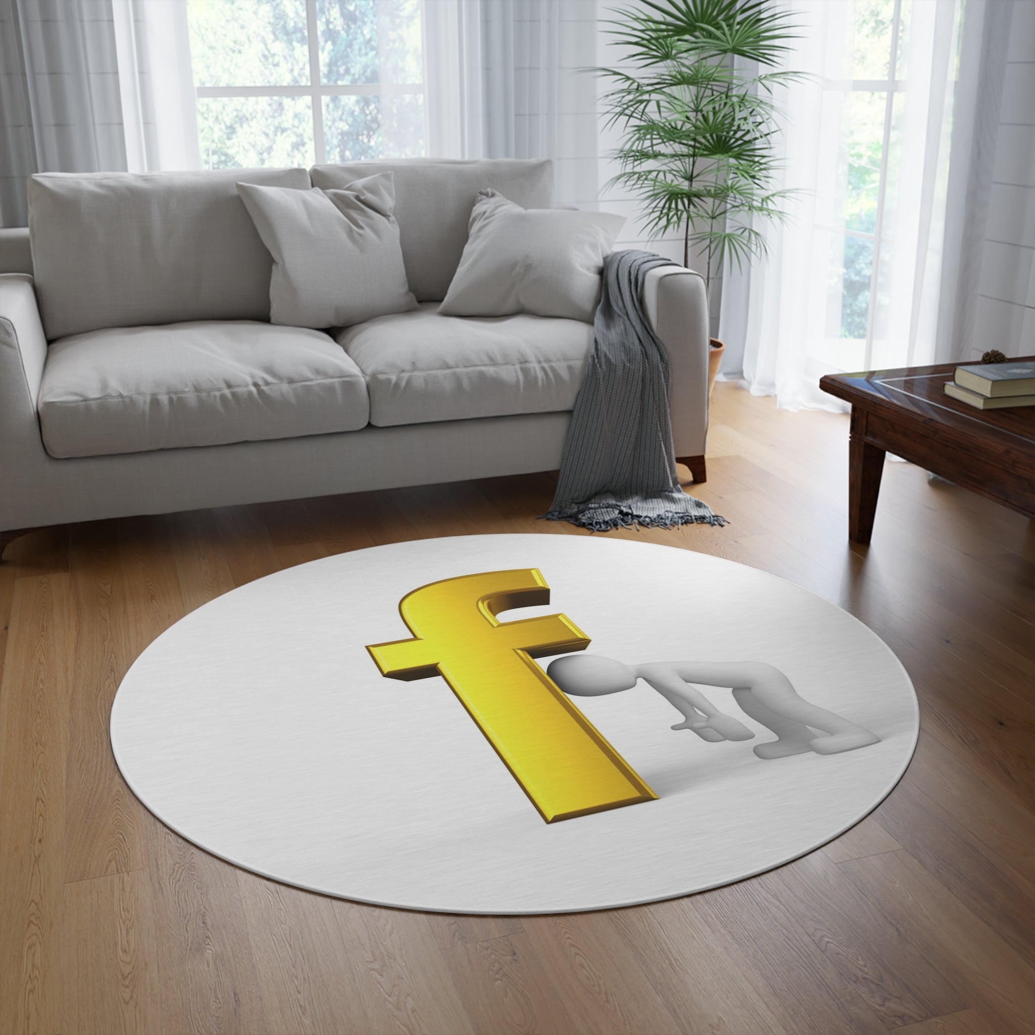 3D Gold Letter F with Figure Round Rug | Home Decor