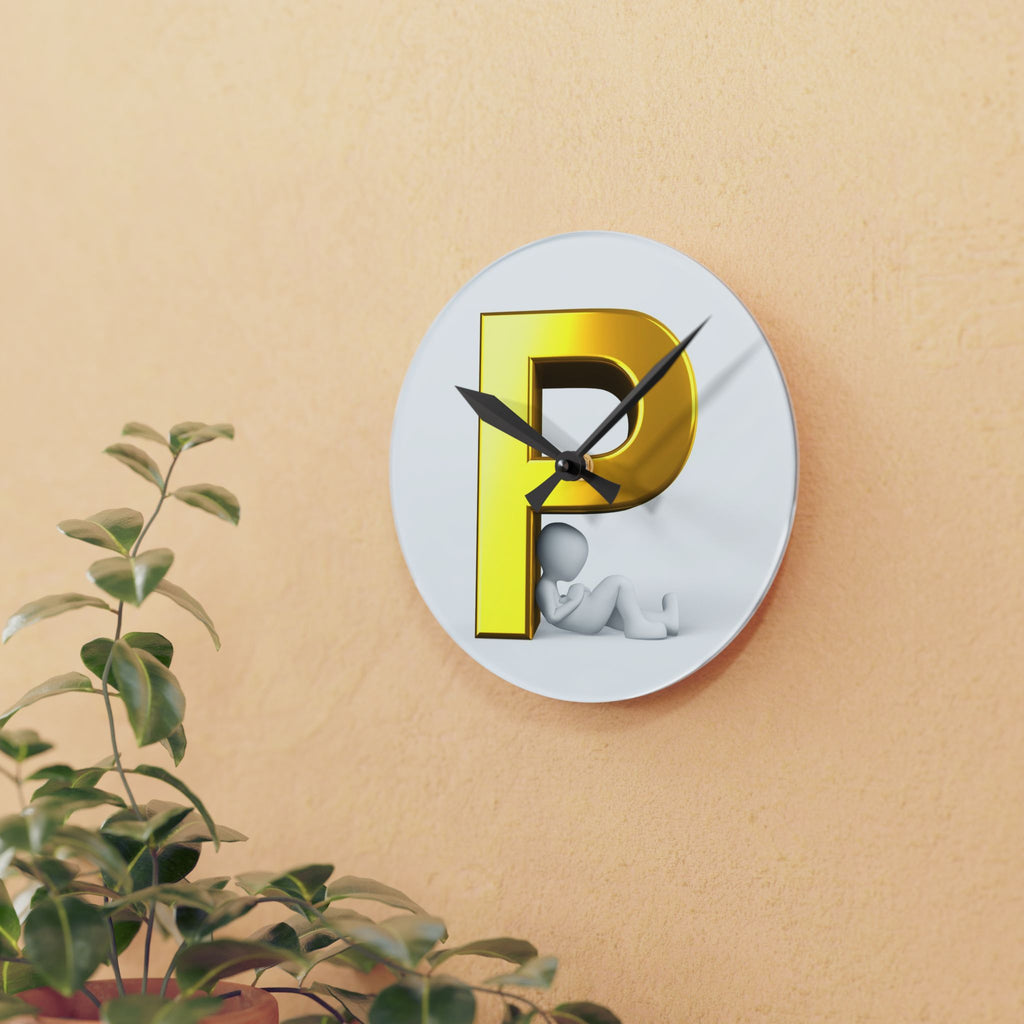 Golden Letter P Initial Acrylic Wall Clock | Monogram Decor
