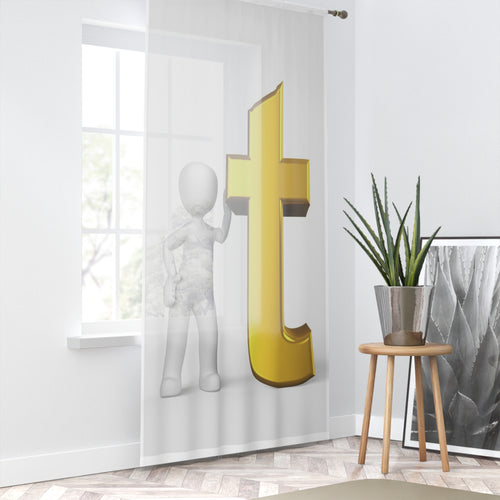 Rideau de fenêtre avec figurine 3D et lettre « t » dorée | Panneau transparent typographique moderne