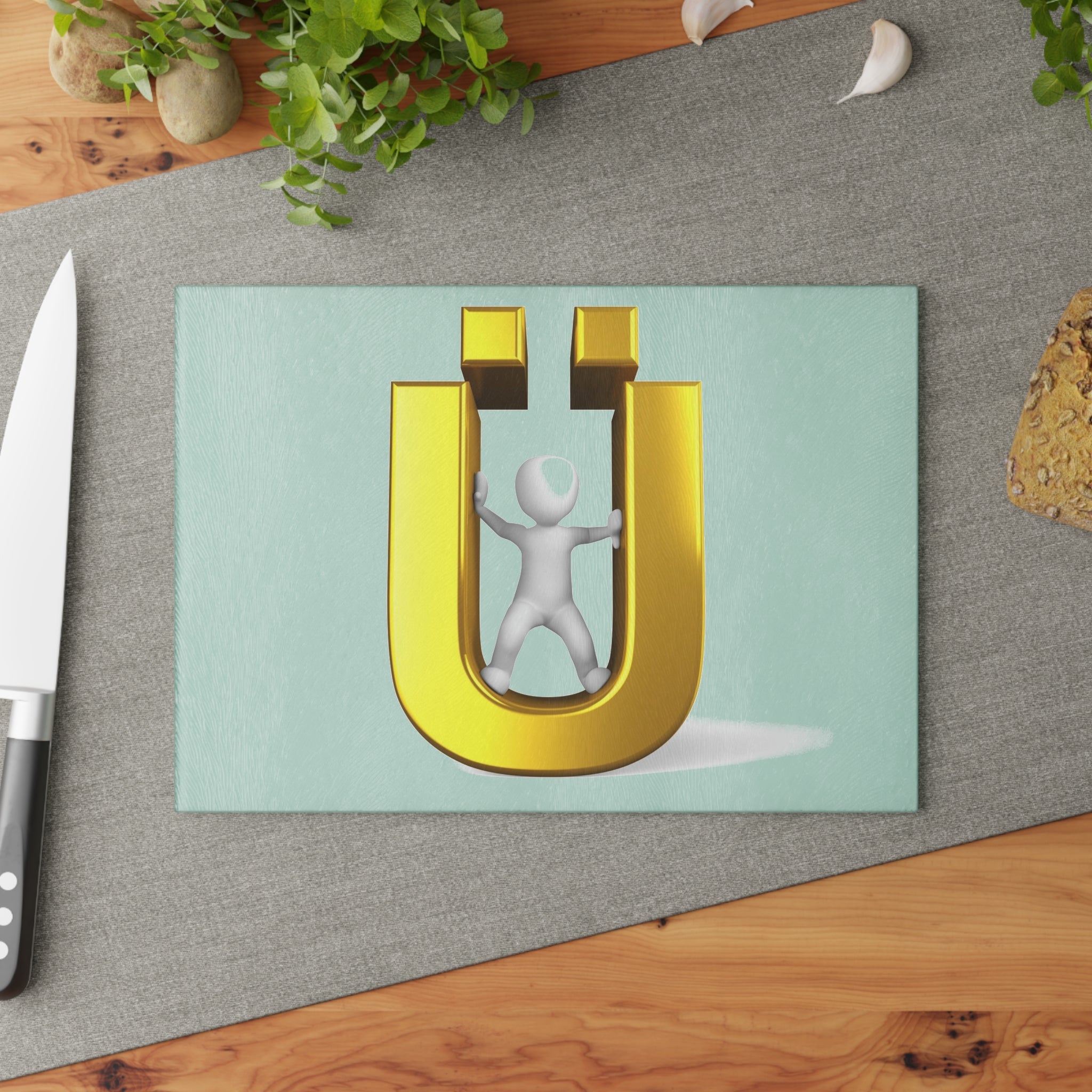 Gold Letter Ü Magnet Figure Glass Cutting Board | Lucky Magnet Design