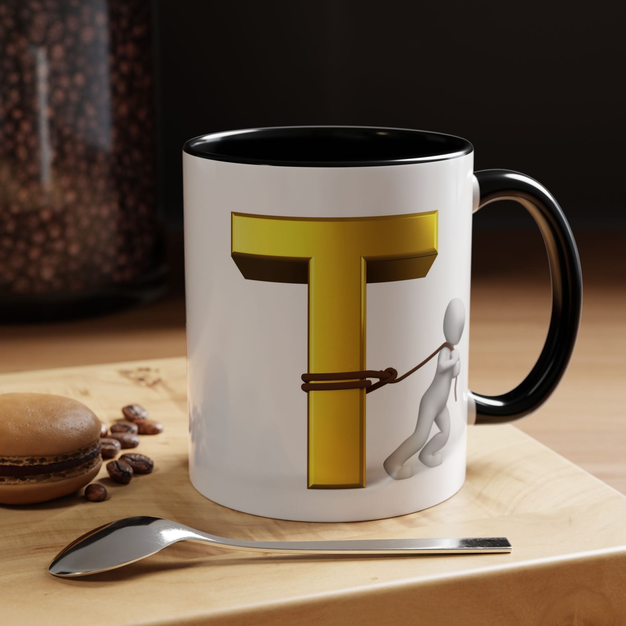 3D Stick Figure Tugging Gold Letter T Mug | Accent Coffee Mug